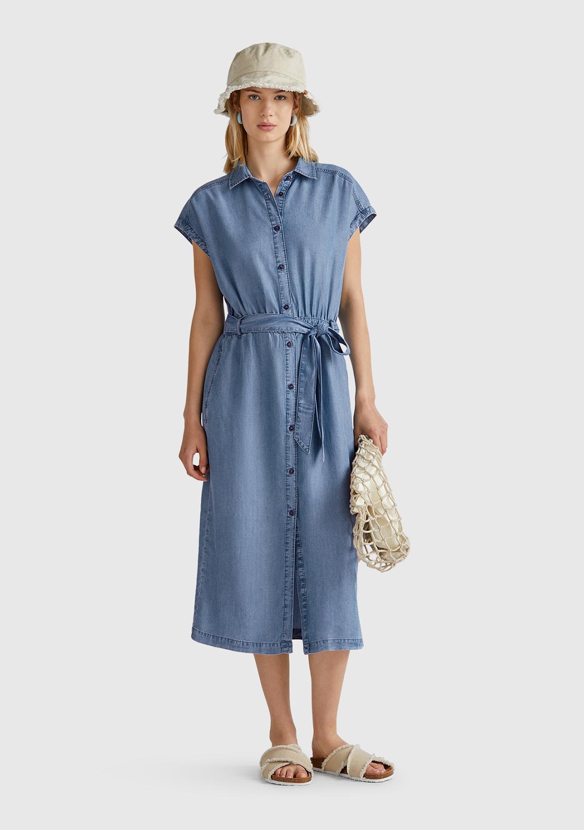 Kadın Açık Mavi %100 Liyosel Polo Yaka Belden Bağlamalı Midi Elbise