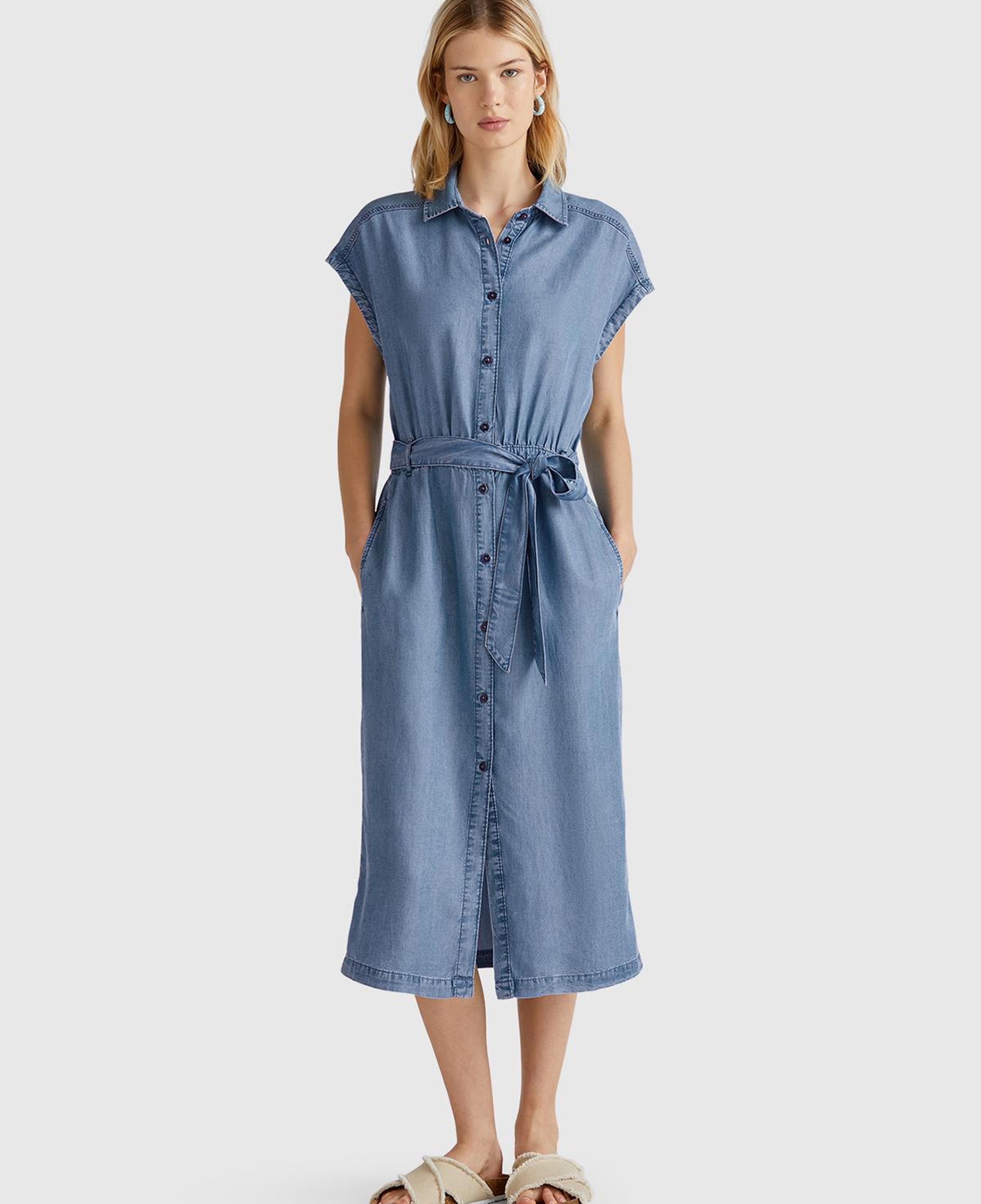 Kadın Açık Mavi %100 Liyosel Polo Yaka Belden Bağlamalı Midi Elbise