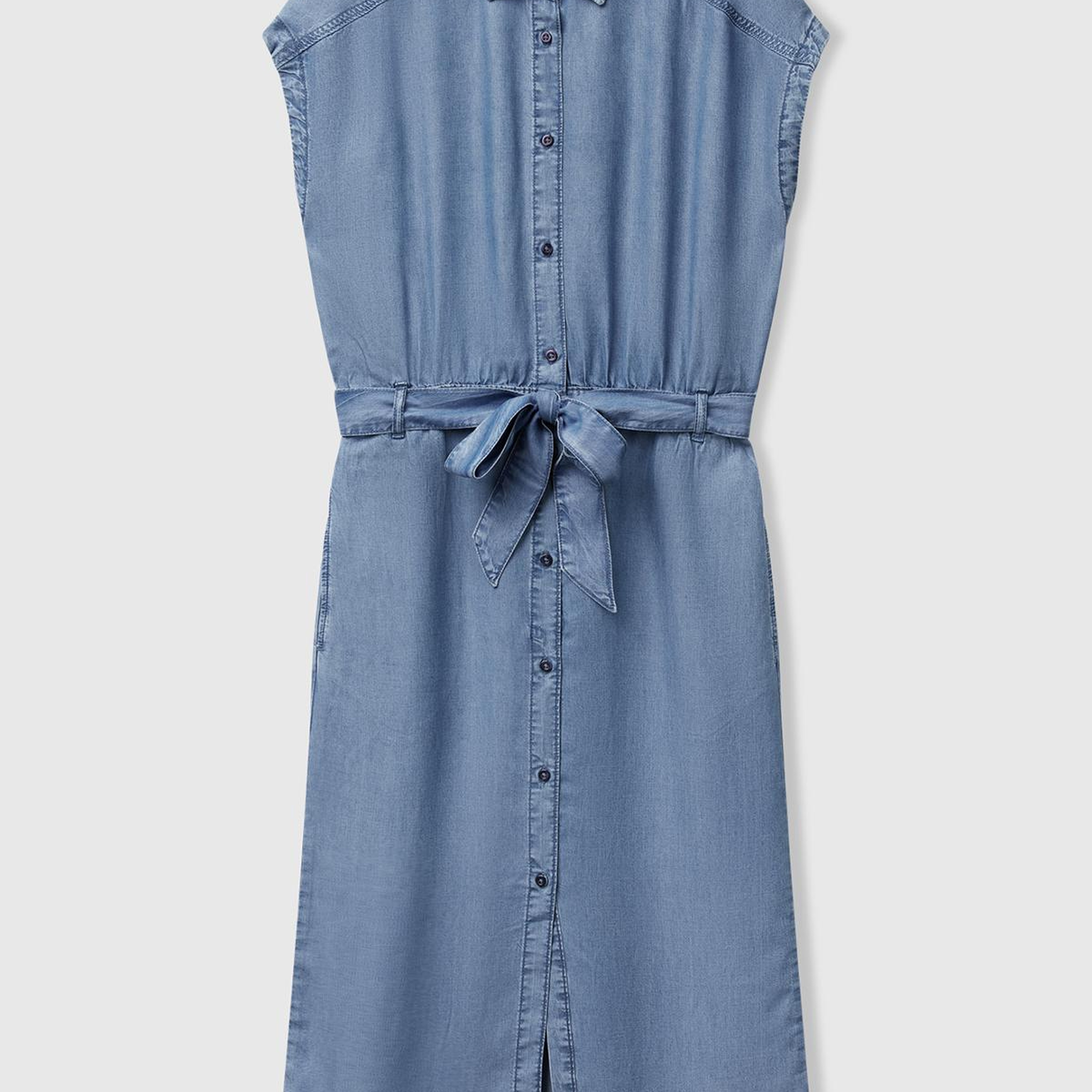 Kadın Açık Mavi %100 Liyosel Polo Yaka Belden Bağlamalı Midi Elbise