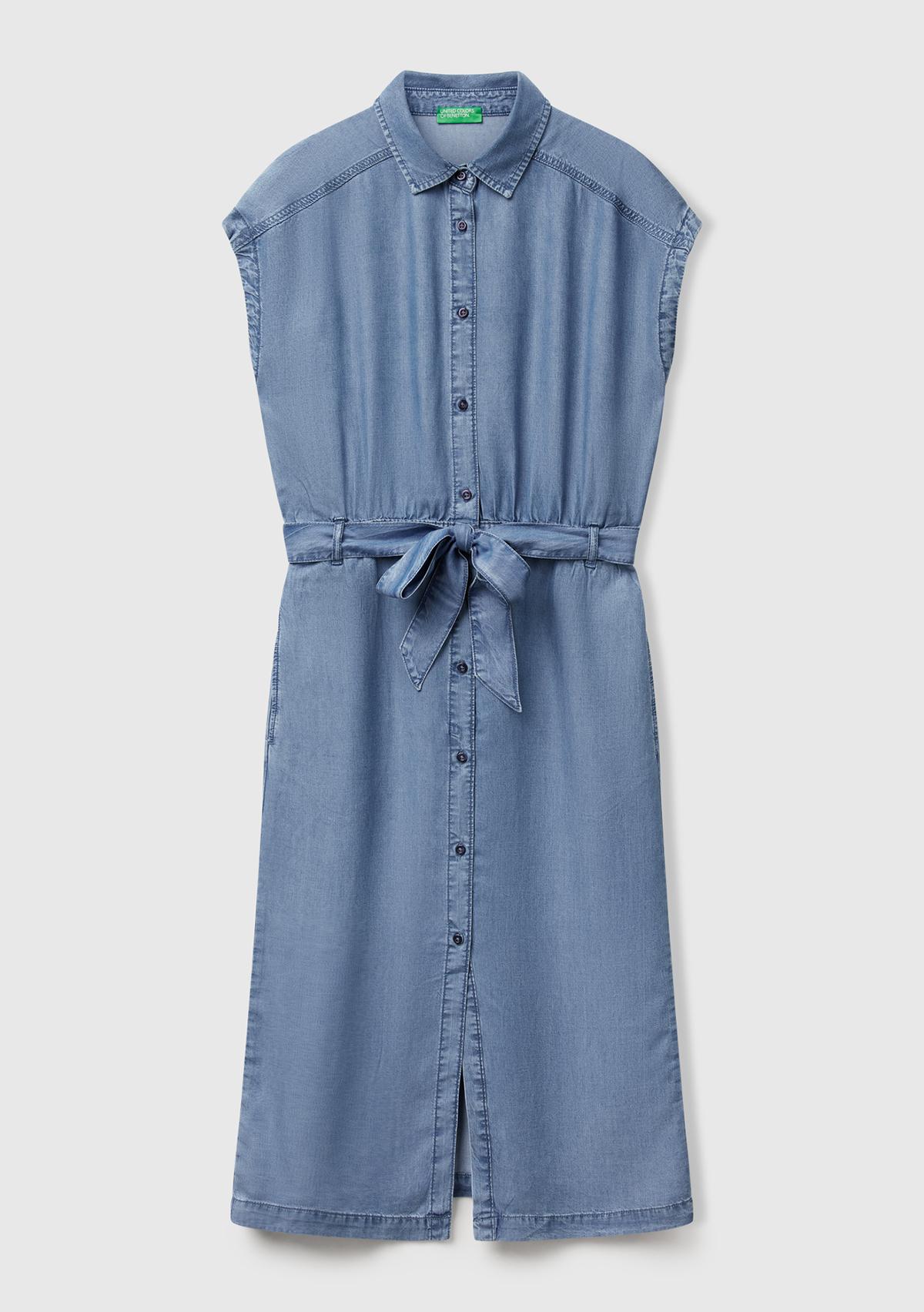 Kadın Açık Mavi %100 Liyosel Polo Yaka Belden Bağlamalı Midi Elbise