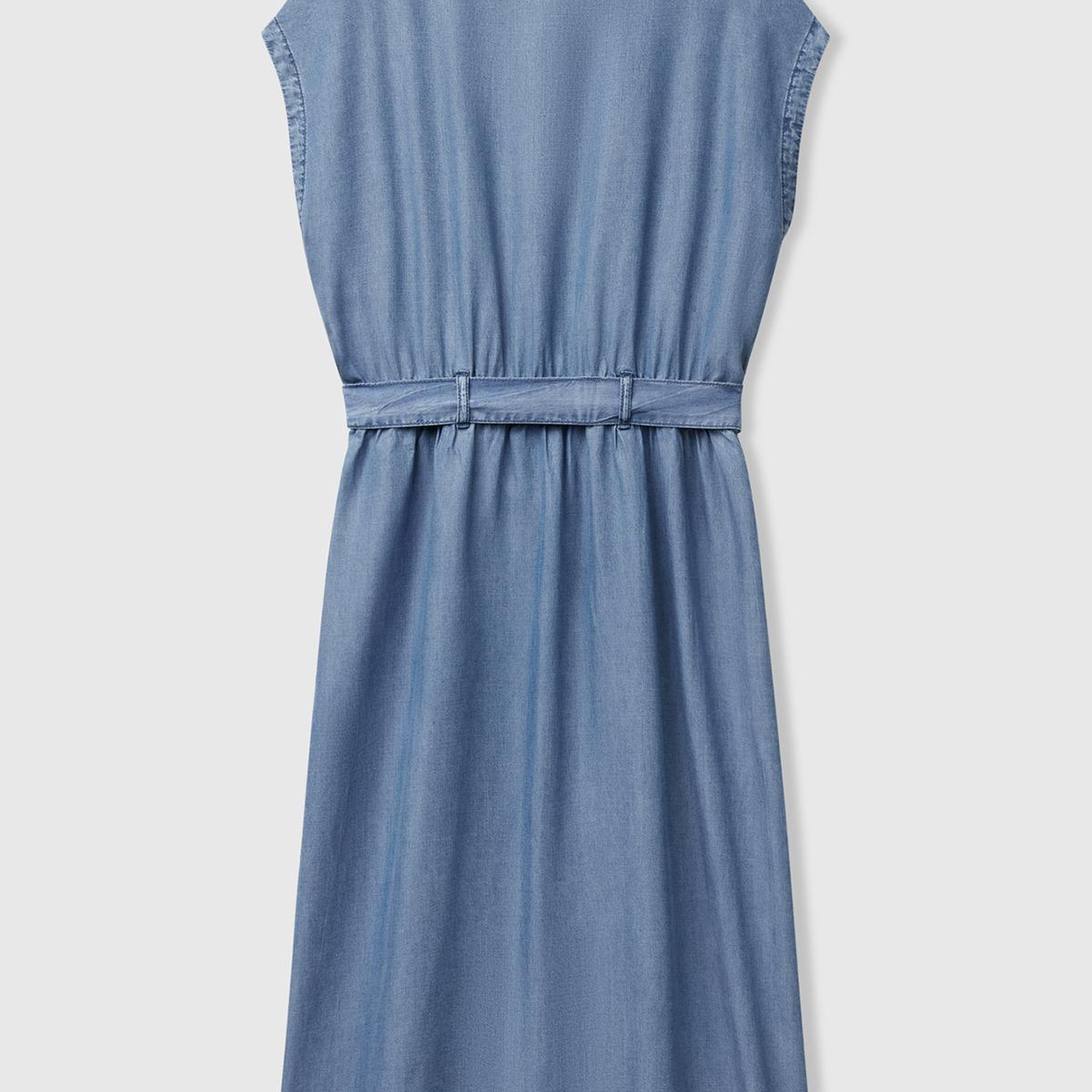 Kadın Açık Mavi %100 Liyosel Polo Yaka Belden Bağlamalı Midi Elbise