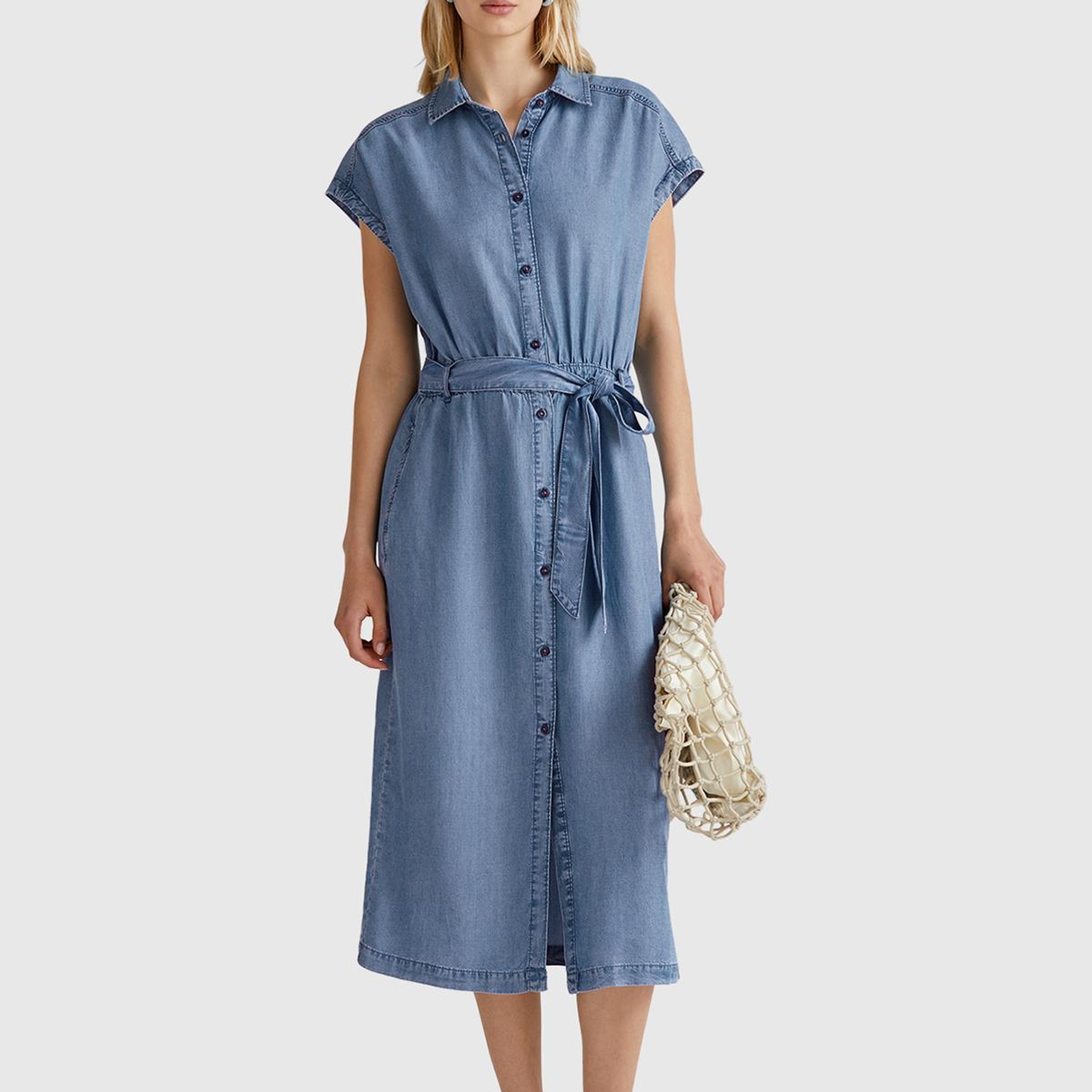 Kadın Açık Mavi %100 Liyosel Polo Yaka Belden Bağlamalı Midi Elbise