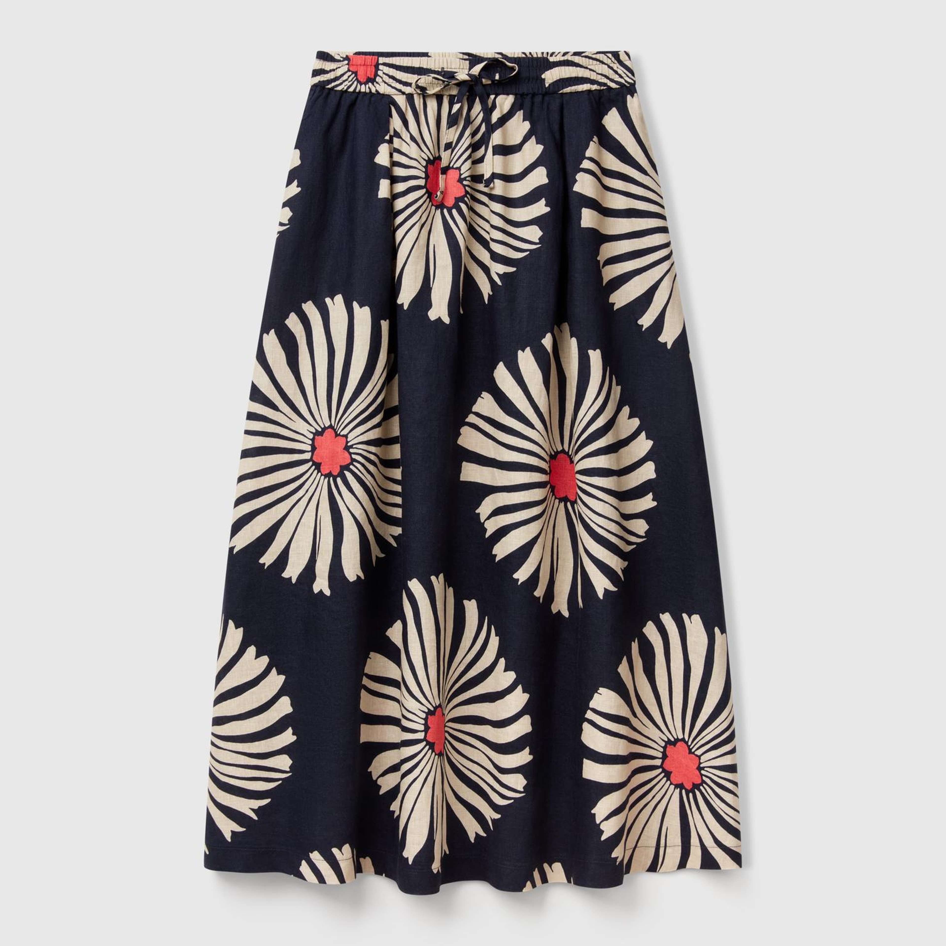 Kadın Lacivert %100 Keten Desenli Beli Lastikli Uzun Elbise