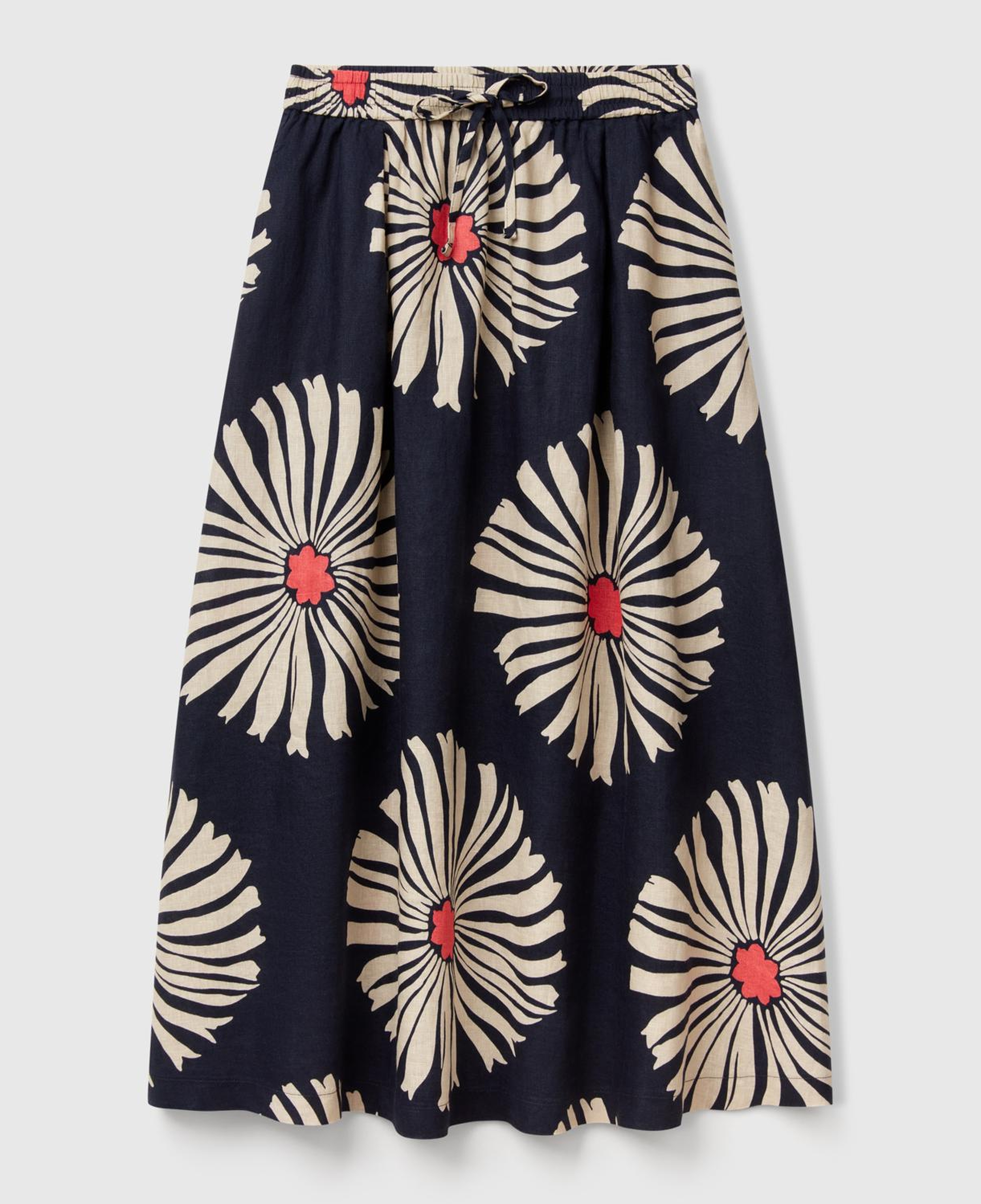 Kadın Lacivert %100 Keten Desenli Beli Lastikli Uzun Elbise