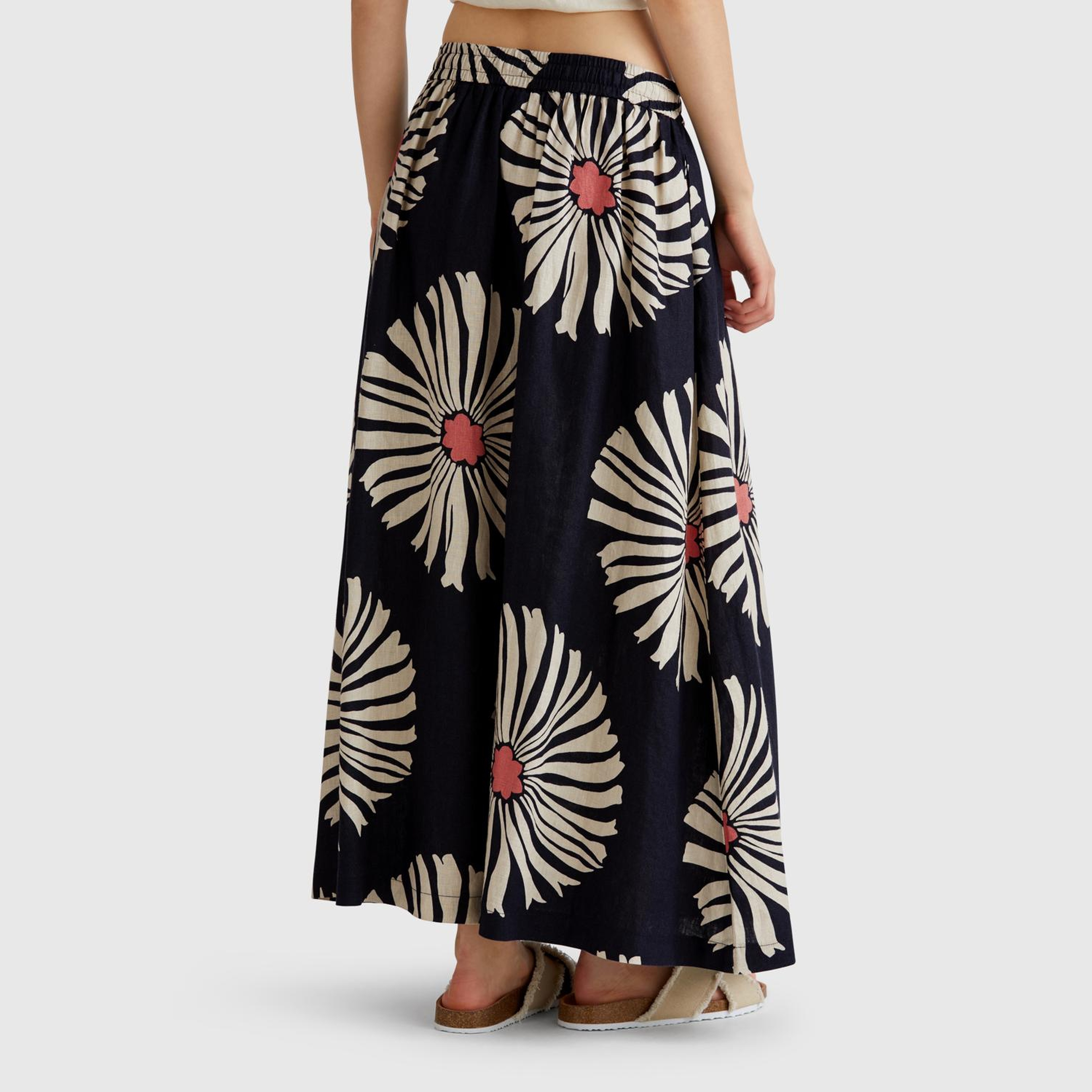 Kadın Lacivert %100 Keten Desenli Beli Lastikli Uzun Elbise