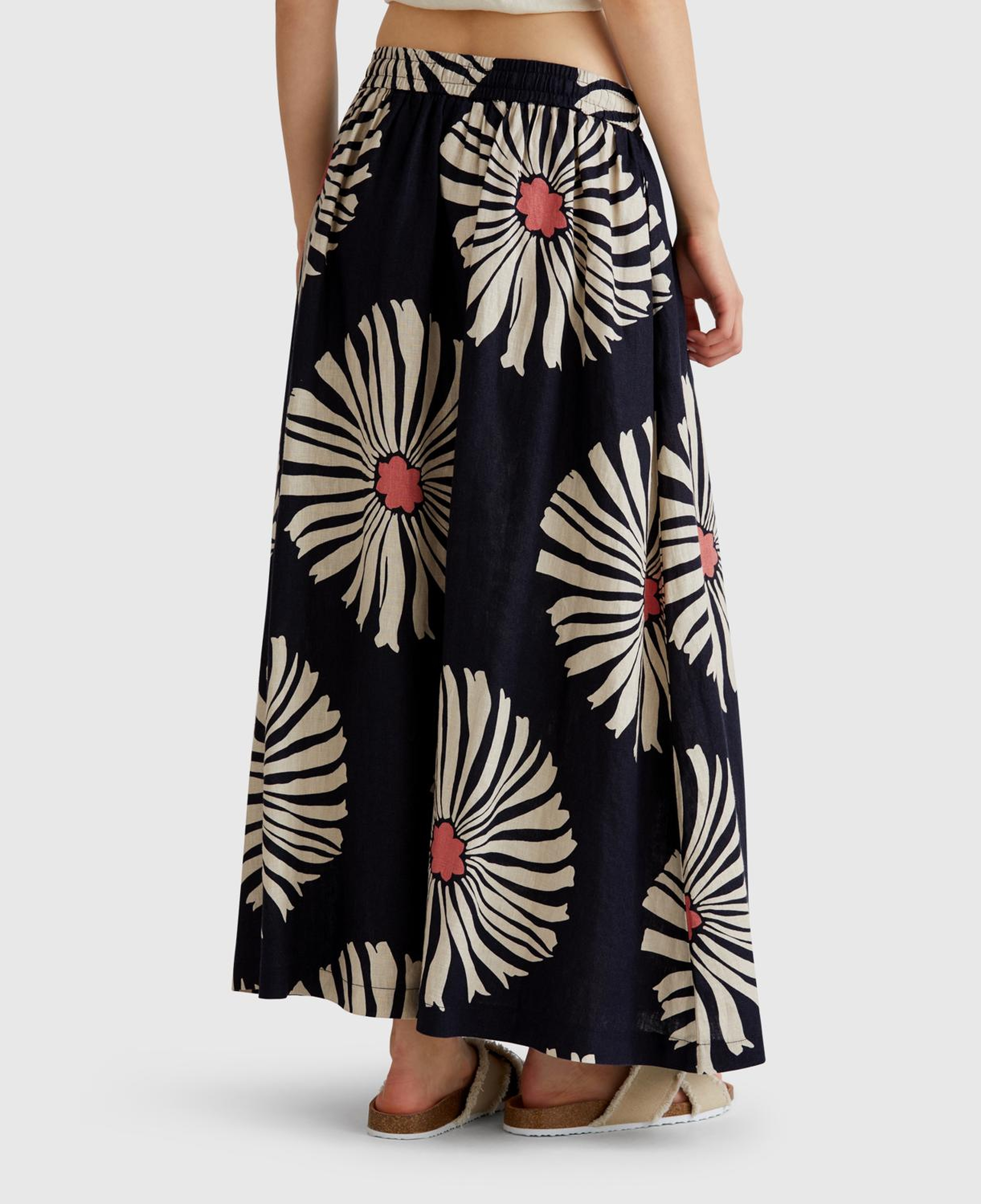 Kadın Lacivert %100 Keten Desenli Beli Lastikli Uzun Elbise