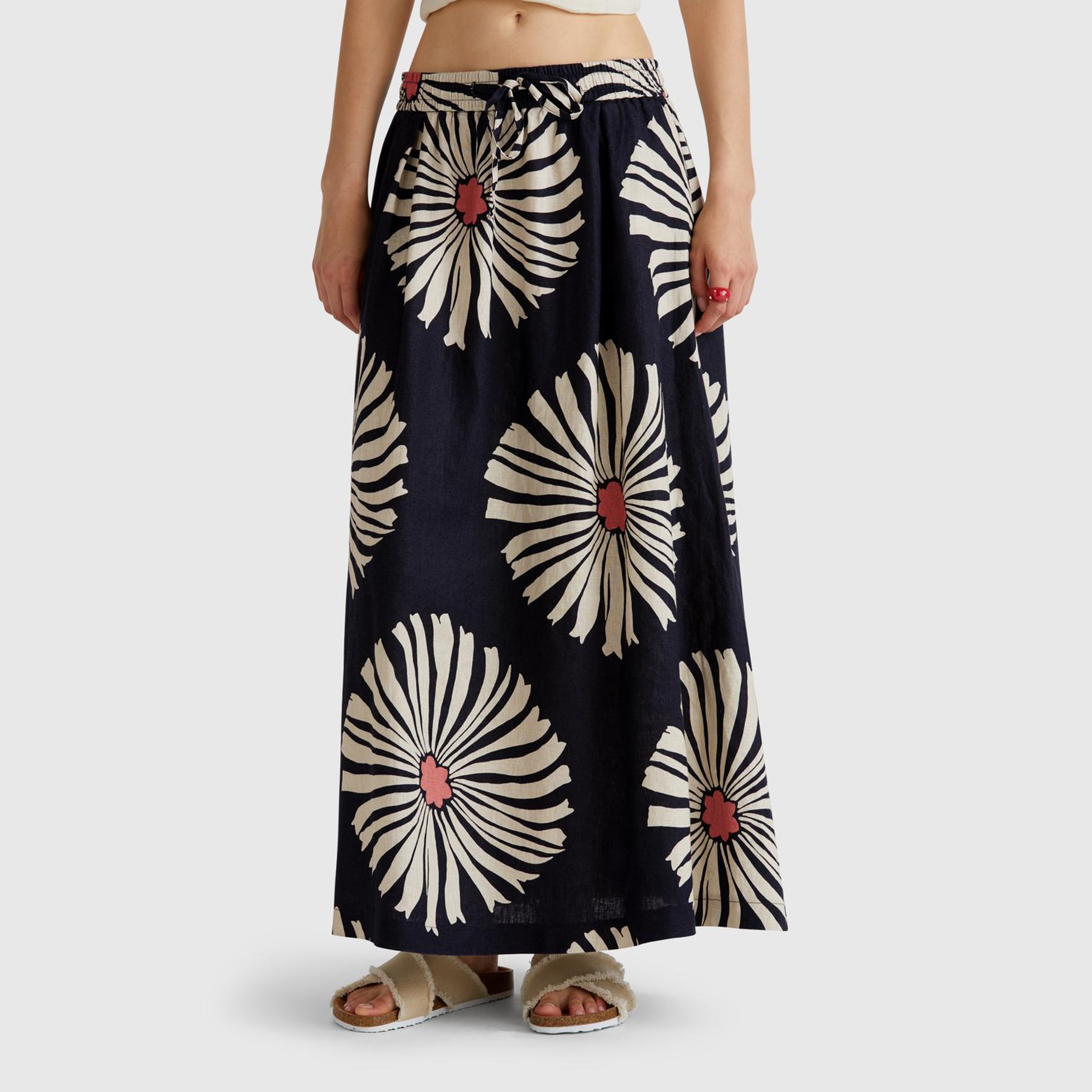 Kadın Lacivert %100 Keten Desenli Beli Lastikli Uzun Elbise