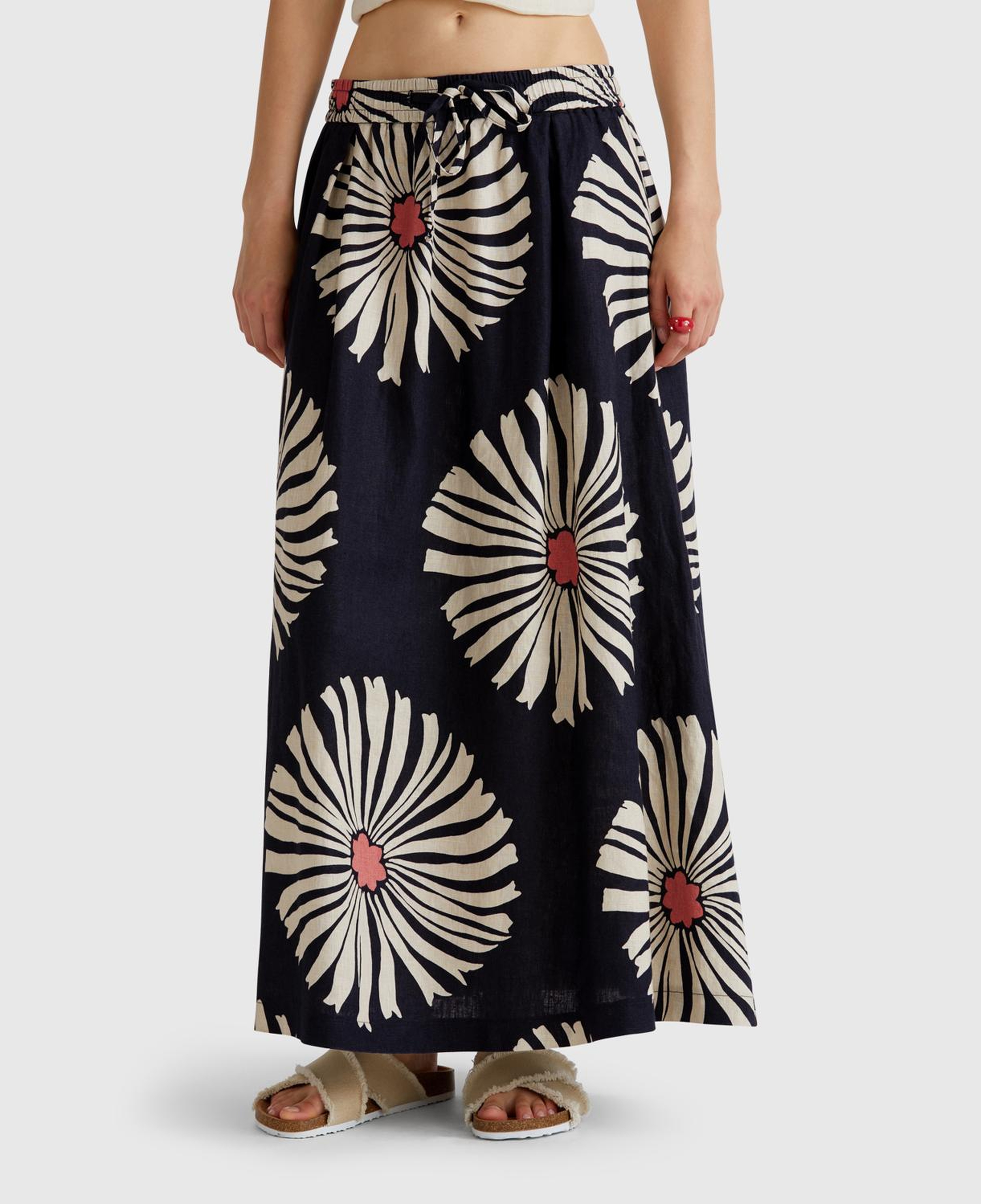 Kadın Lacivert %100 Keten Desenli Beli Lastikli Uzun Elbise