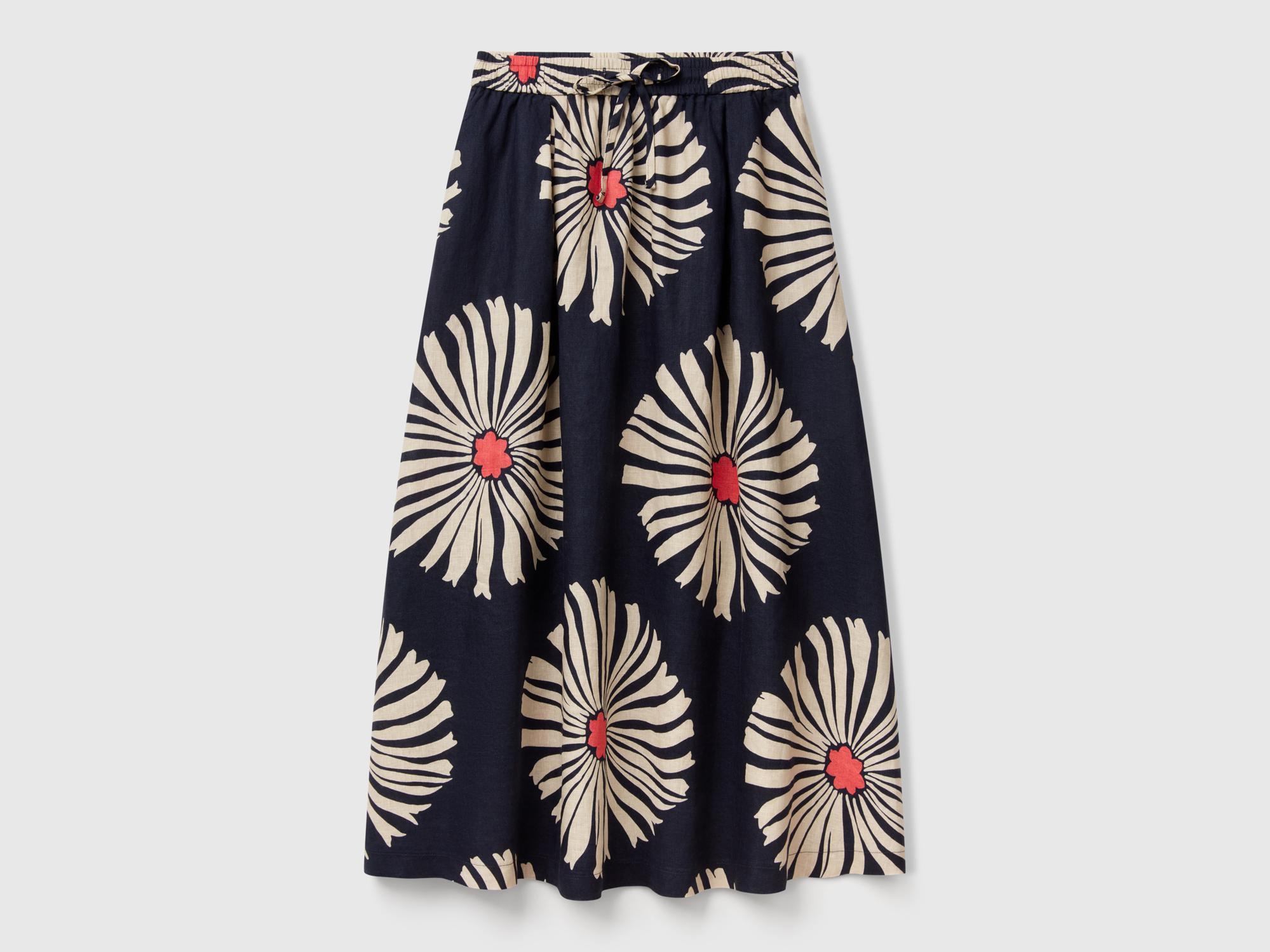 Kadın Lacivert %100 Keten Desenli Beli Lastikli Uzun Elbise