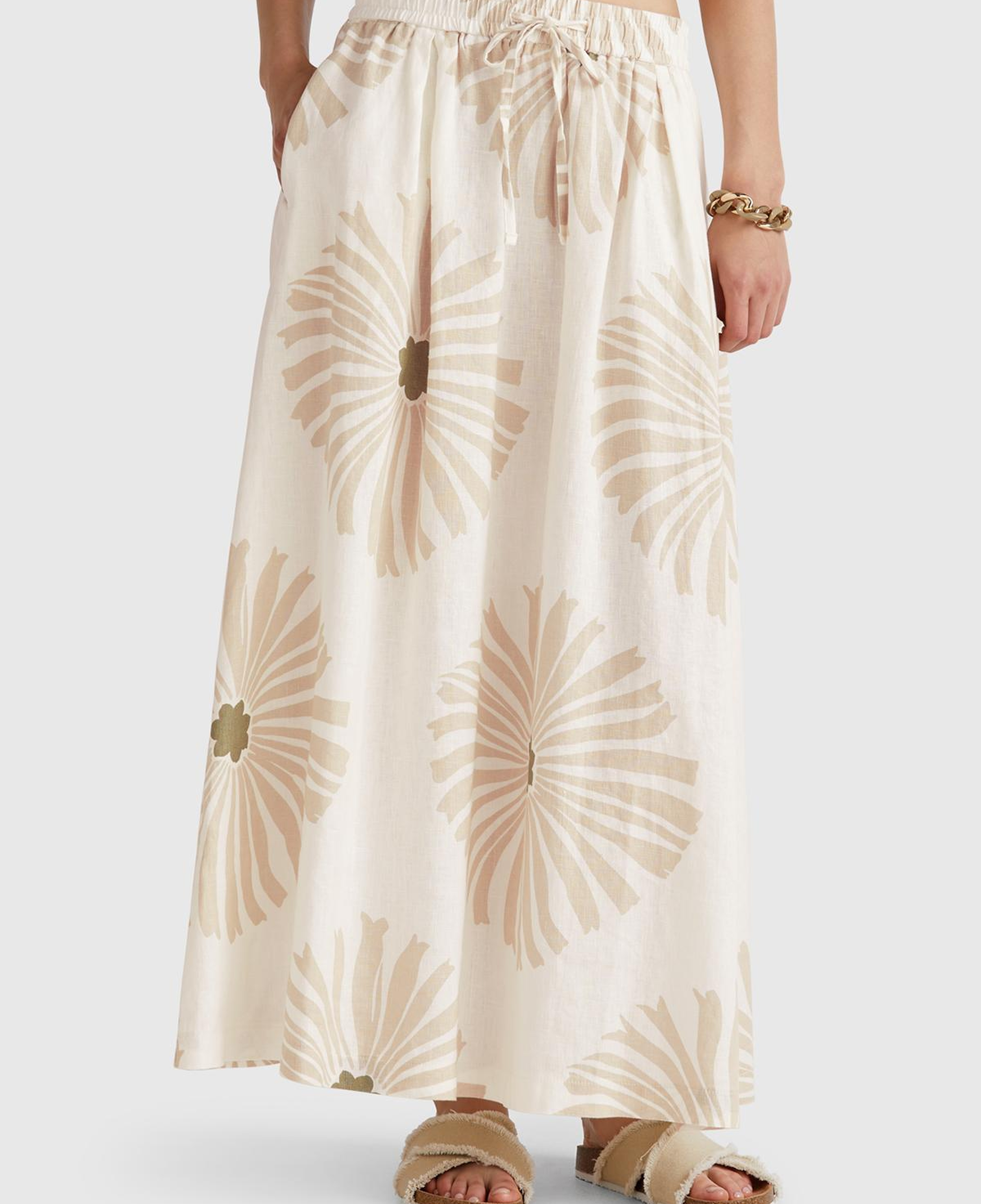 Kadın Krem %100 Keten Desenli Beli Lastikli Uzun Elbise