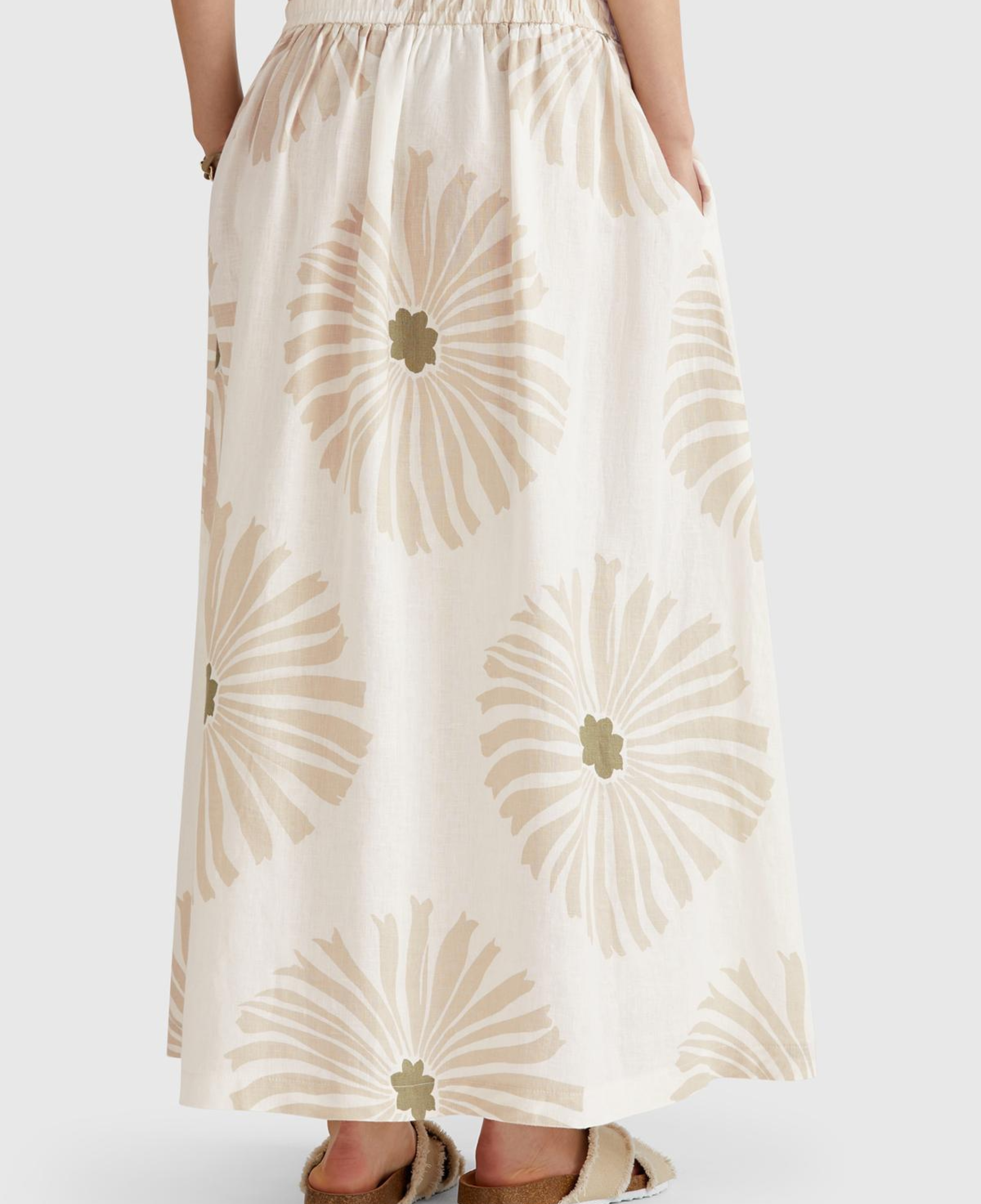 Kadın Krem %100 Keten Desenli Beli Lastikli Uzun Elbise