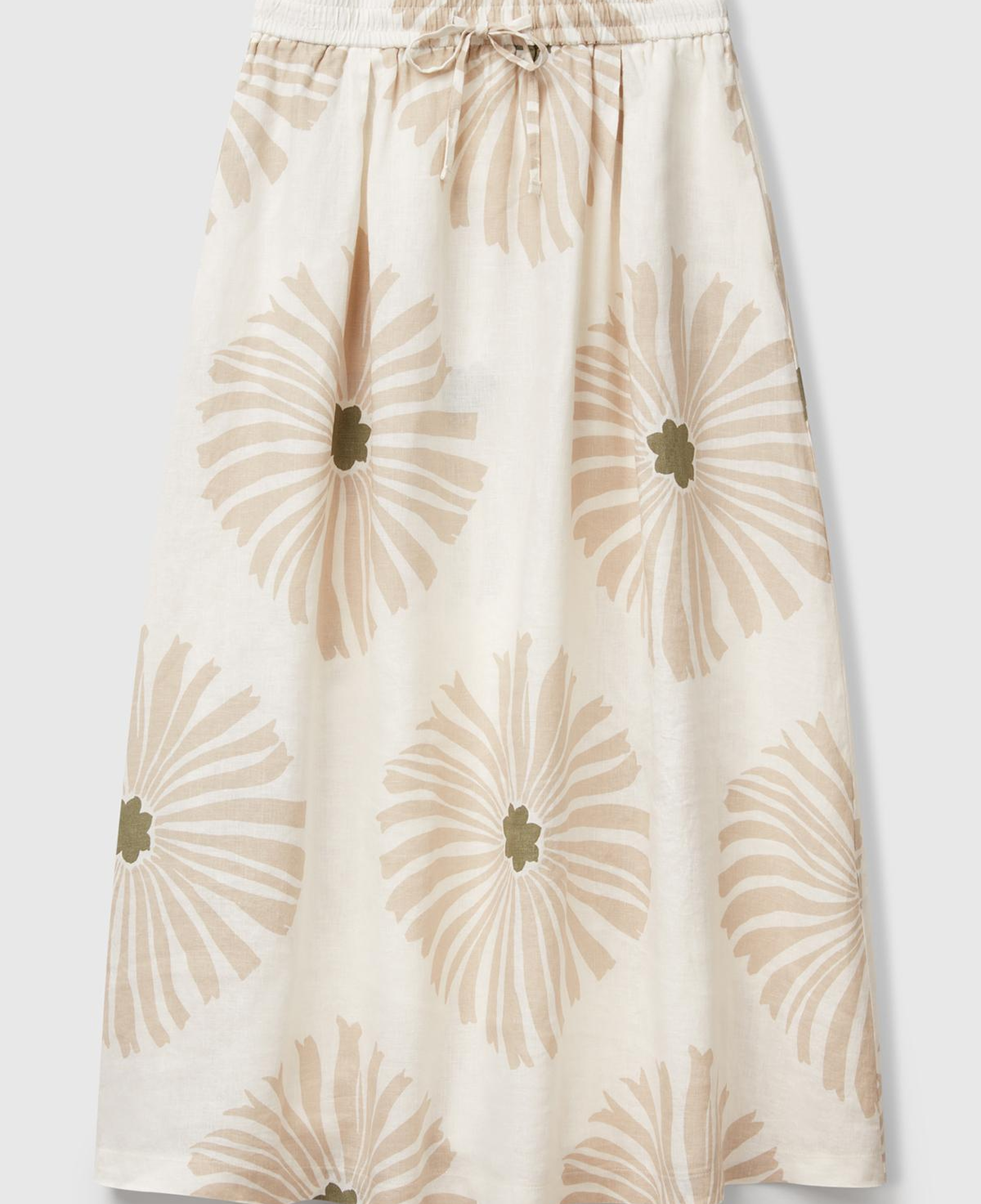 Kadın Krem %100 Keten Desenli Beli Lastikli Uzun Elbise