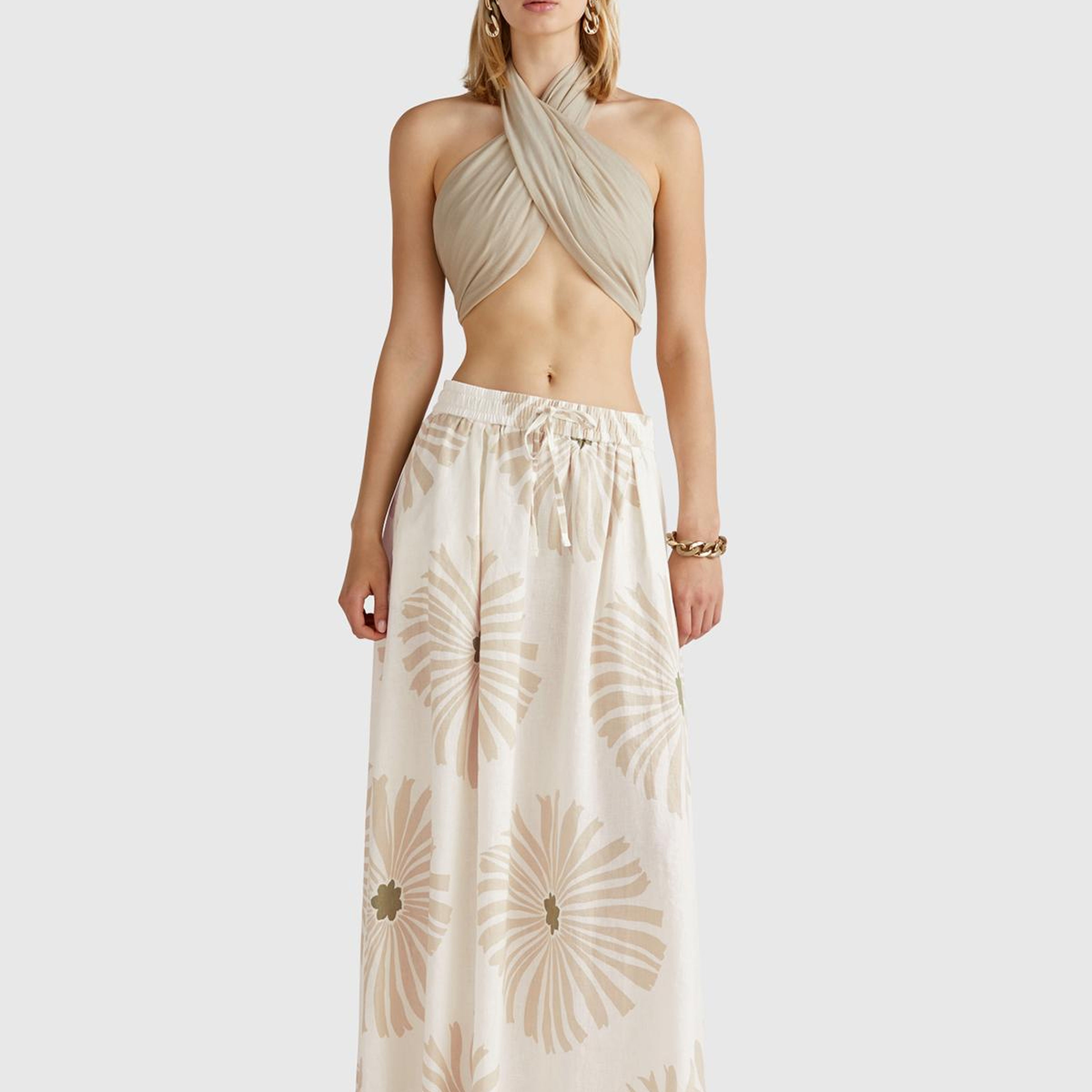 Kadın Krem %100 Keten Desenli Beli Lastikli Uzun Elbise