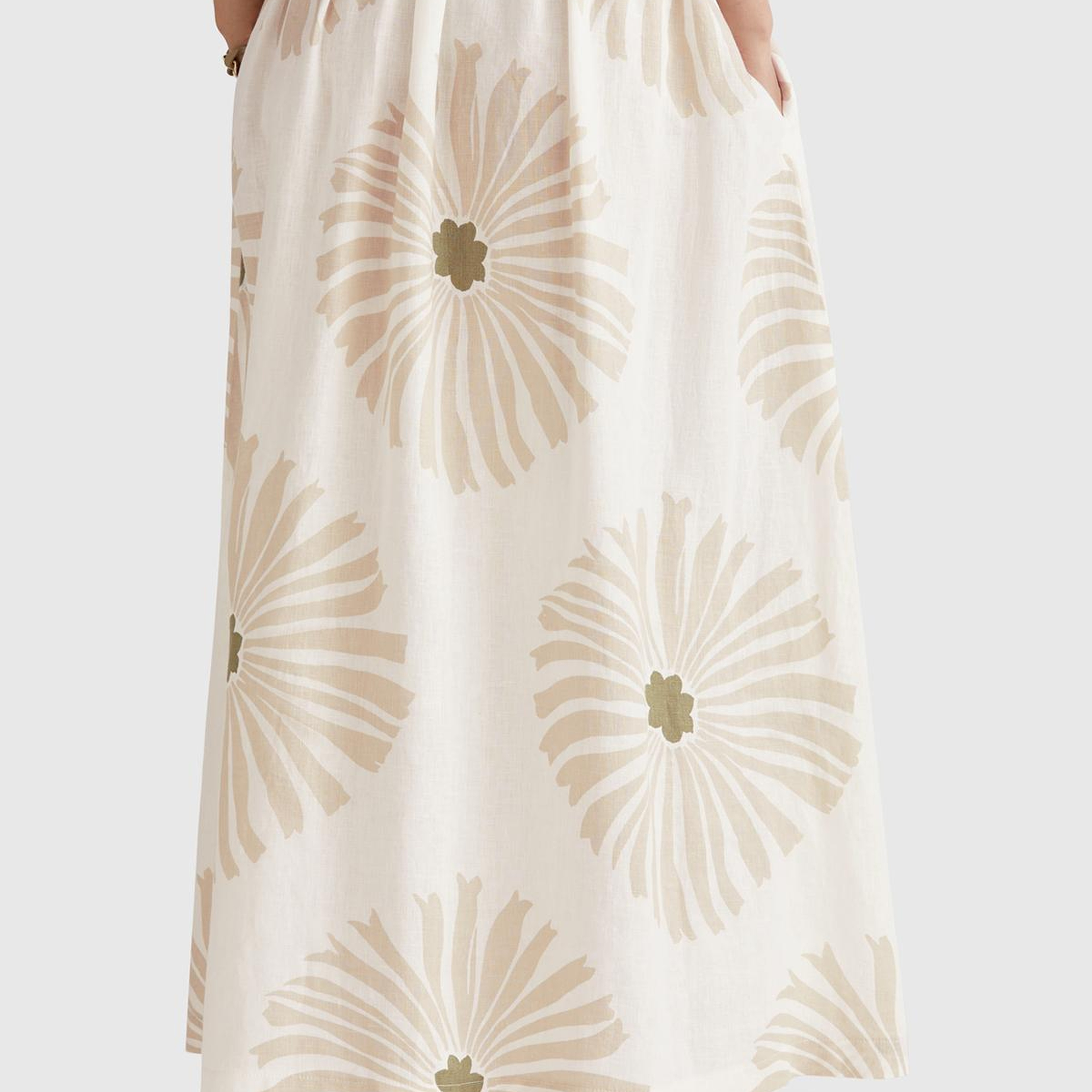 Kadın Krem %100 Keten Desenli Beli Lastikli Uzun Elbise