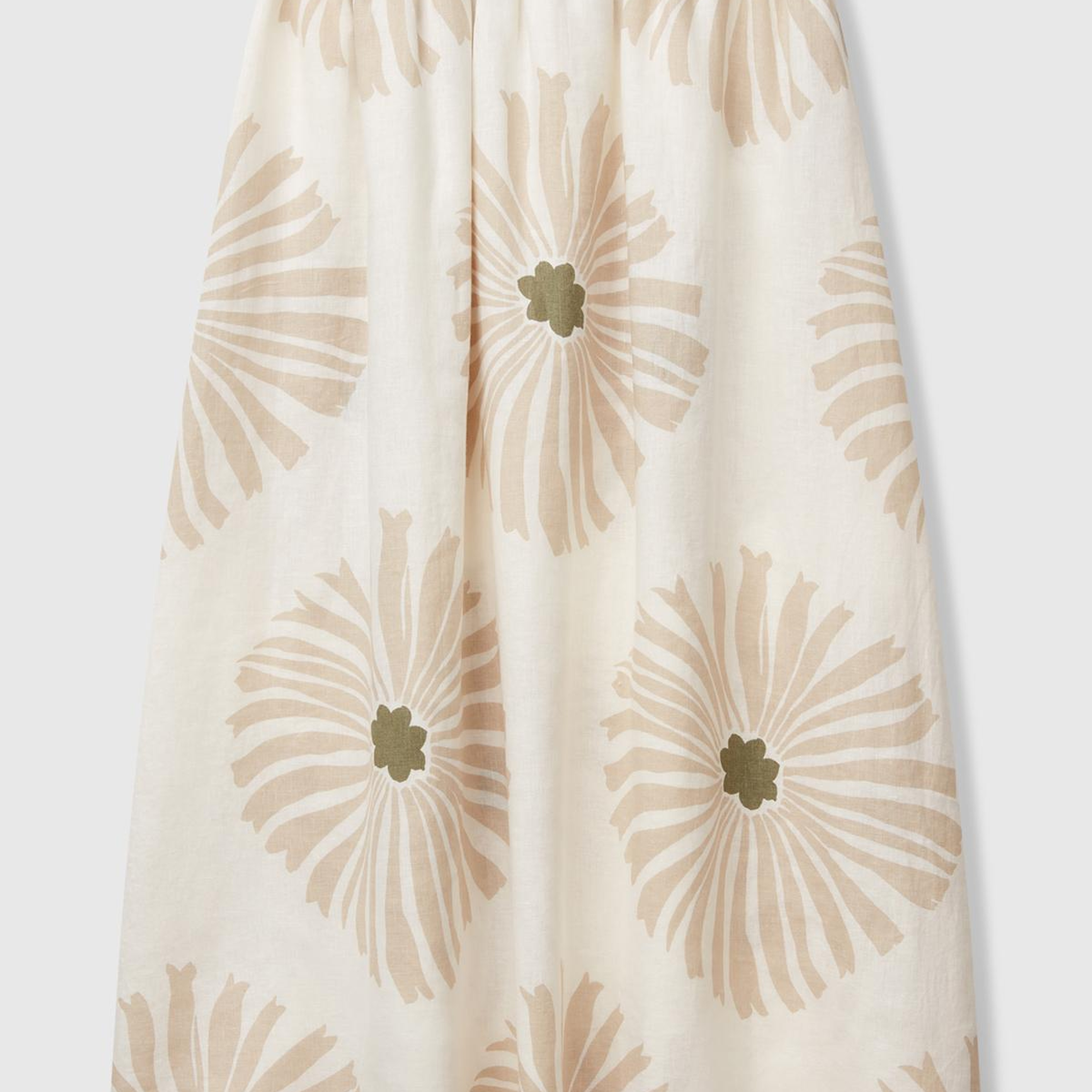 Kadın Krem %100 Keten Desenli Beli Lastikli Uzun Elbise