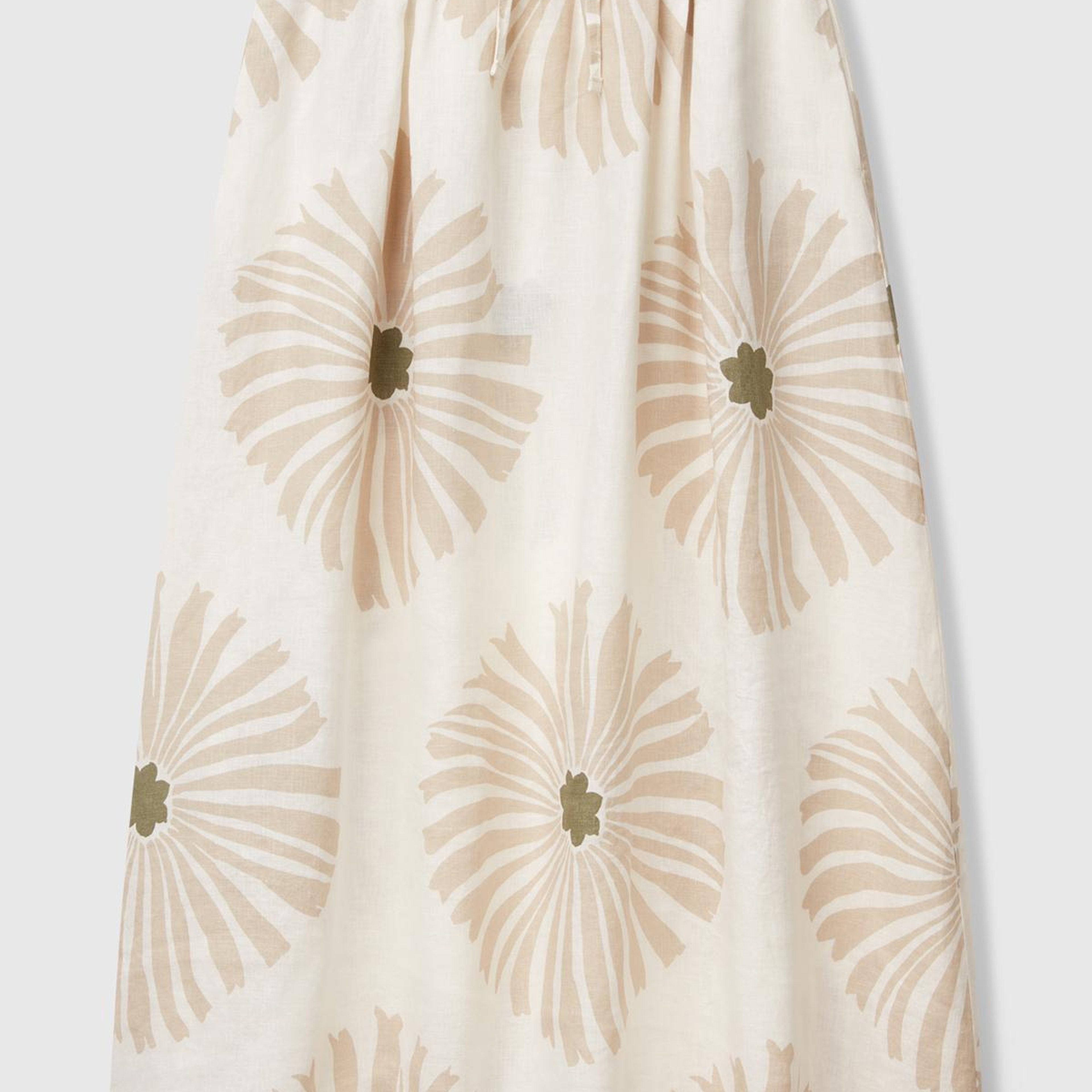 Kadın Krem %100 Keten Desenli Beli Lastikli Uzun Elbise