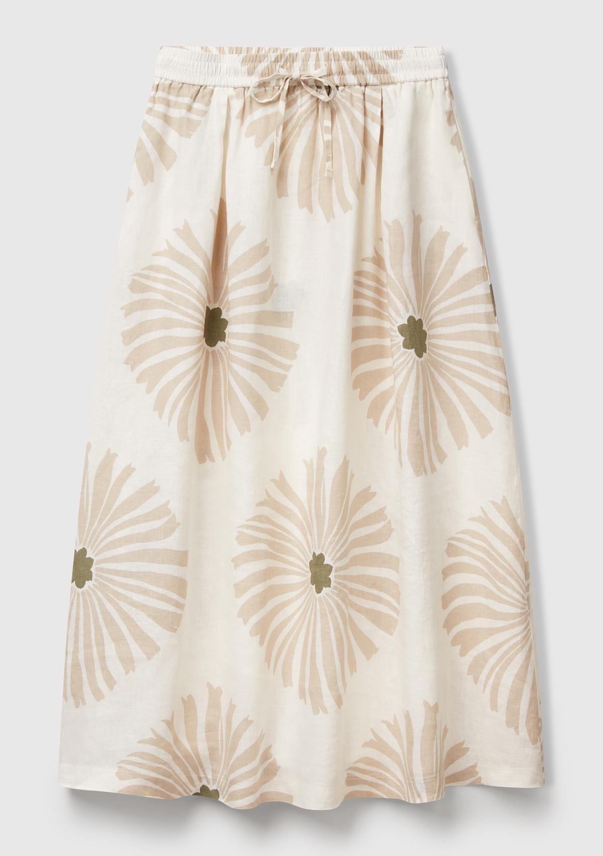 Kadın Krem %100 Keten Desenli Beli Lastikli Uzun Elbise