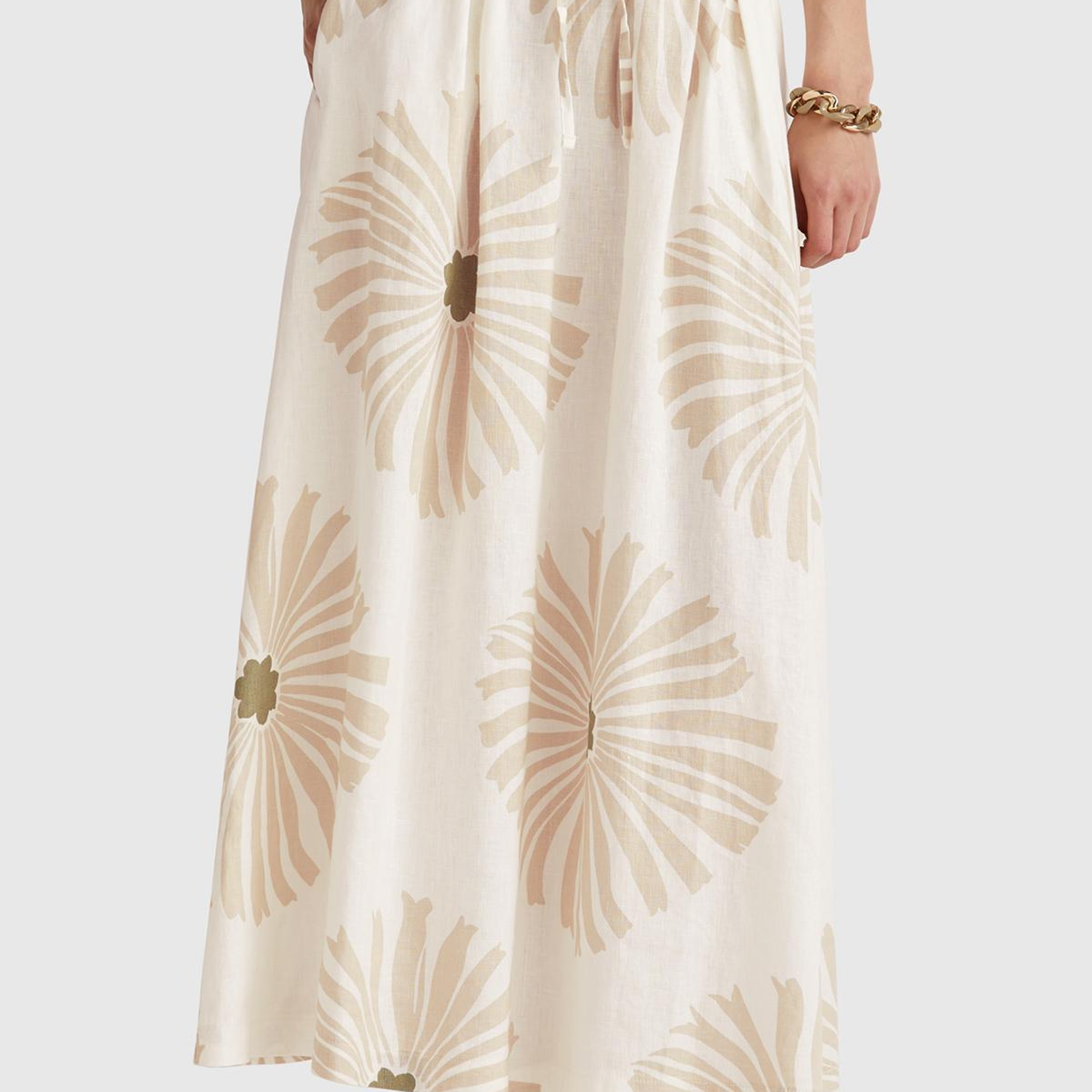 Kadın Krem %100 Keten Desenli Beli Lastikli Uzun Elbise