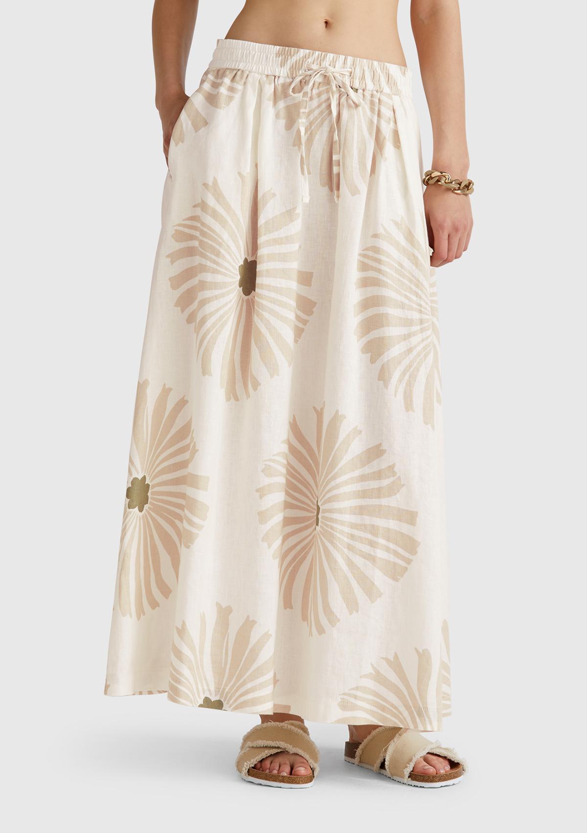 Kadın Krem %100 Keten Desenli Beli Lastikli Uzun Elbise