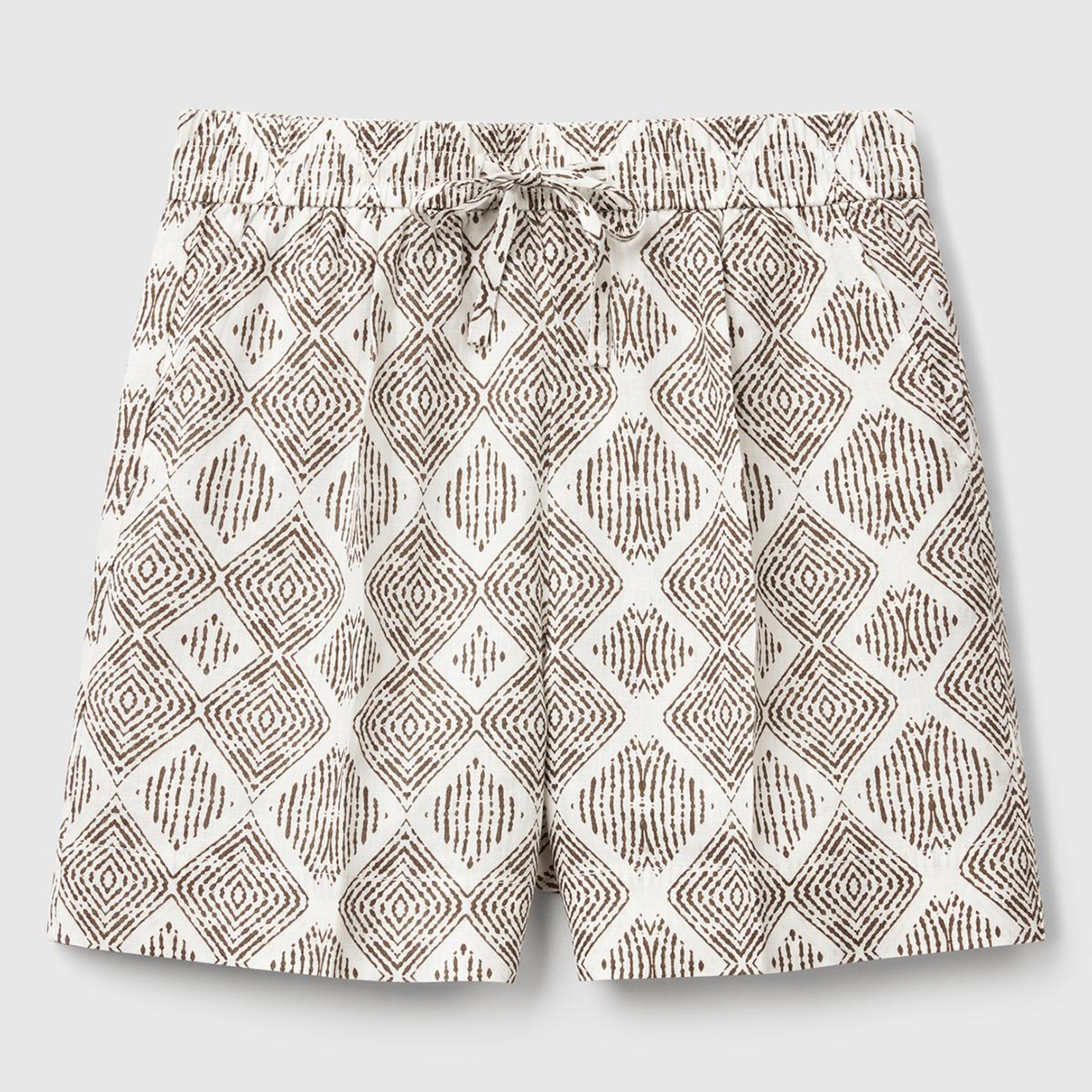 Kadın Beyaz Mix %100 Keten Desenli Beli Lastikli Cepli Şort