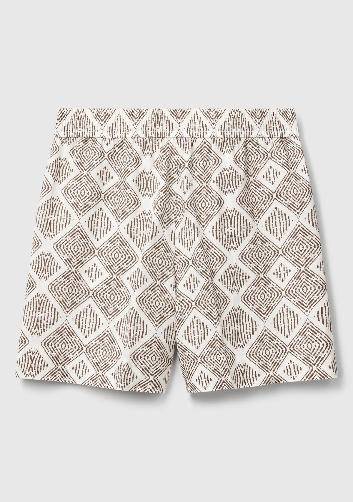 Kadın Beyaz Mix %100 Keten Desenli Beli Lastikli Cepli Şort