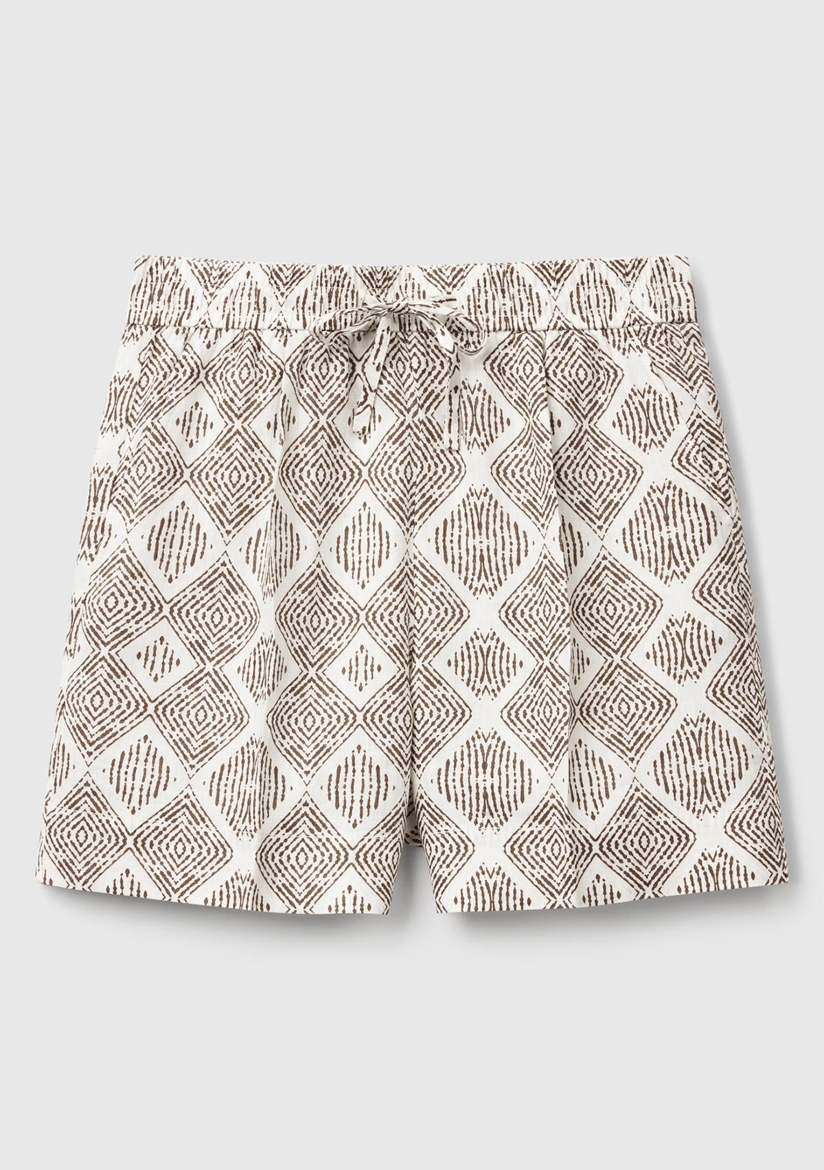 Kadın Beyaz Mix %100 Keten Desenli Beli Lastikli Cepli Şort