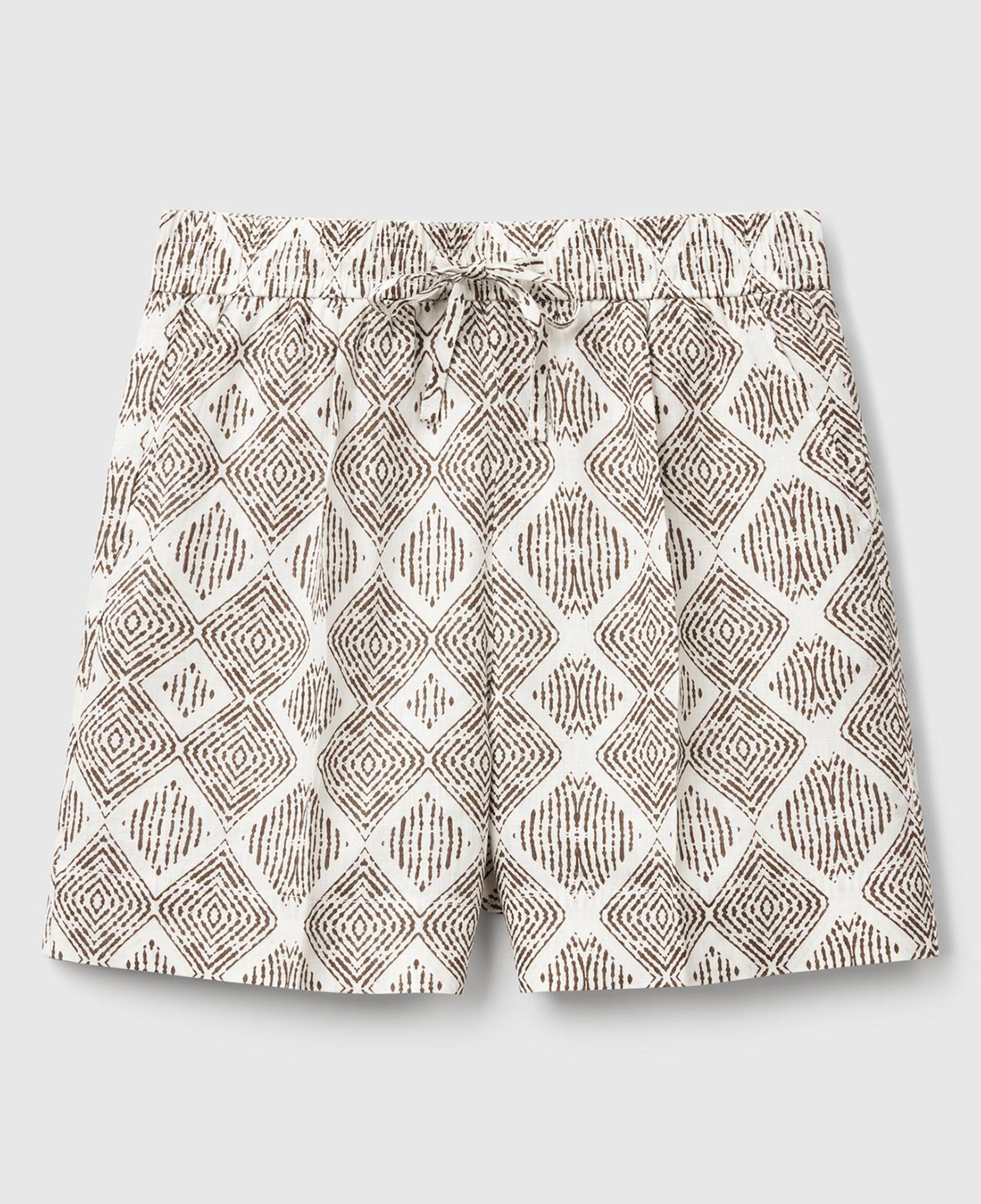 Kadın Beyaz Mix %100 Keten Desenli Beli Lastikli Cepli Şort