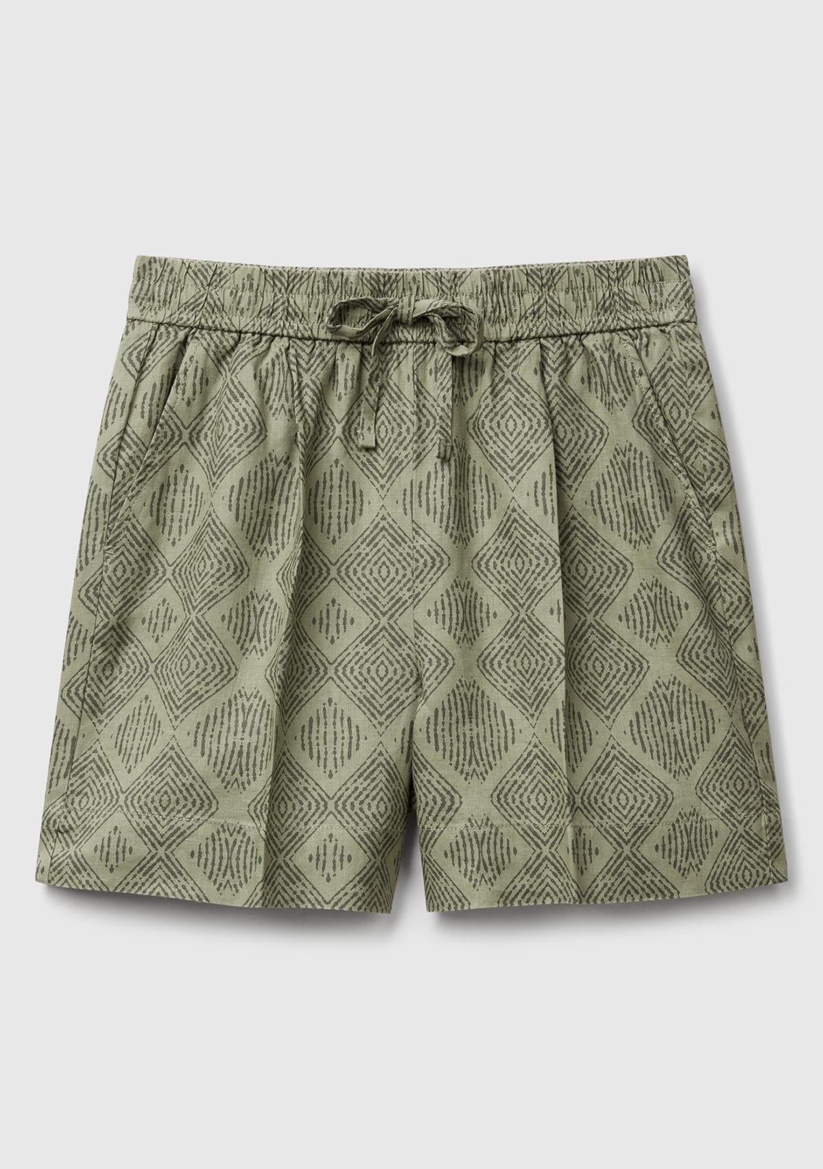 Kadın Haki %100 Keten Desenli Beli Lastikli Cepli Şort