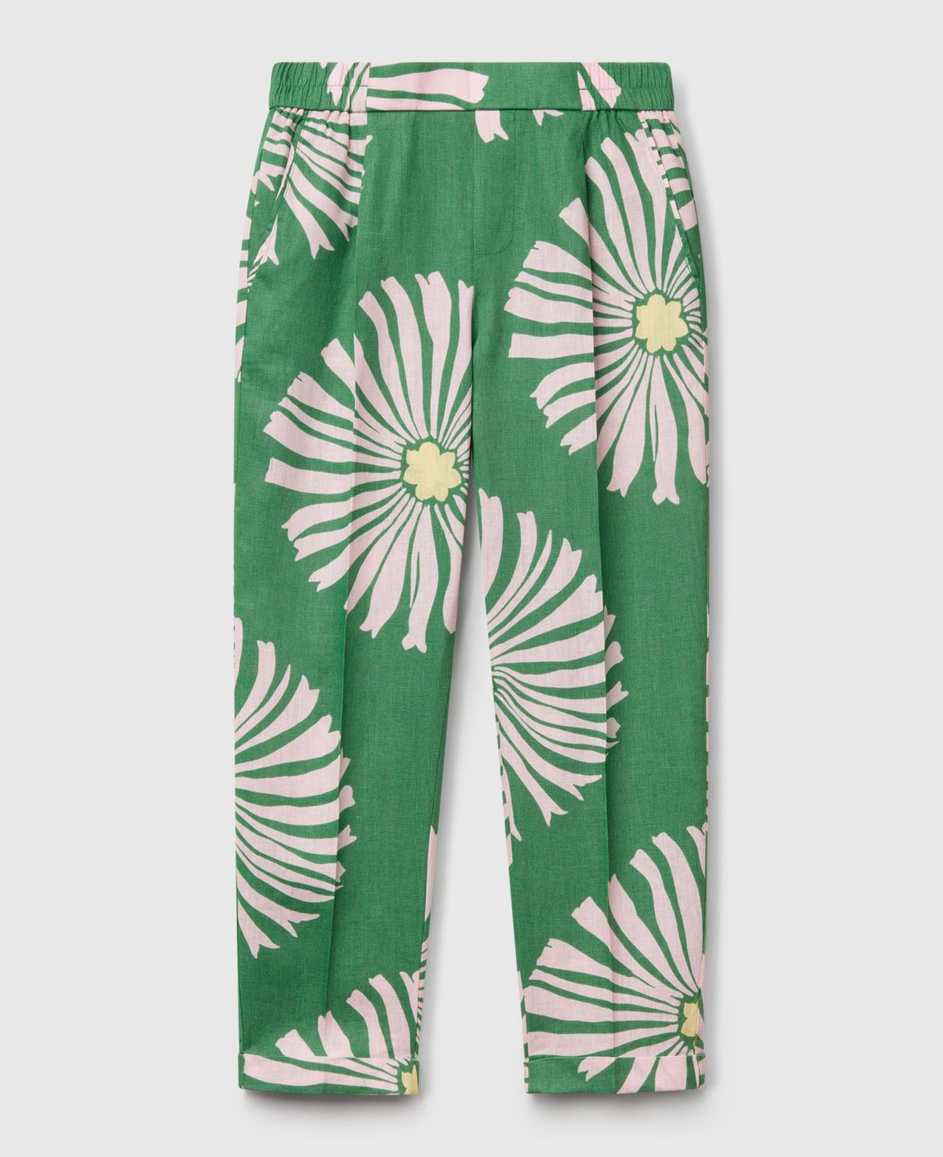 Kadın Yeşil %100 Keten Desenli Beli Lastikli Pantolon