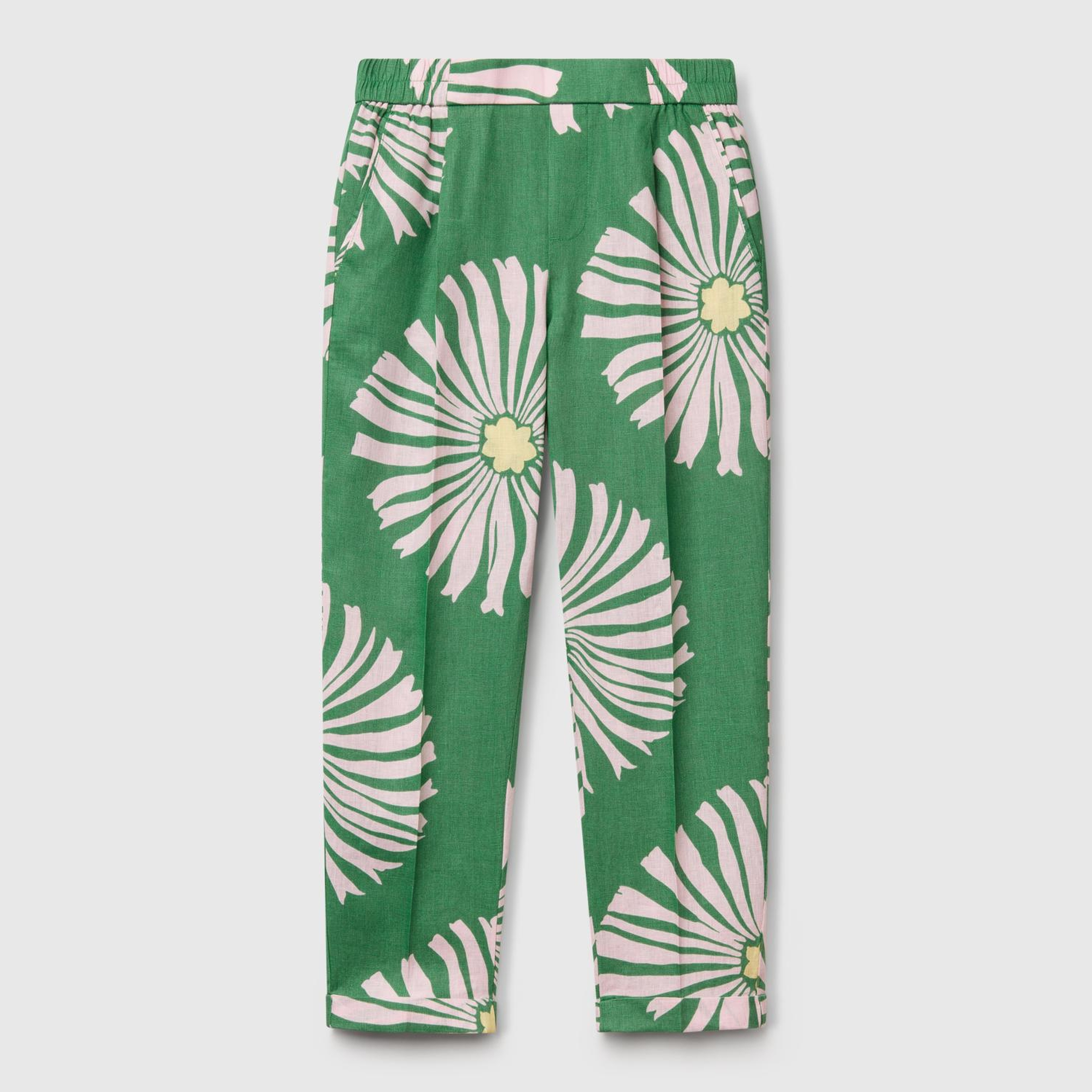 Kadın Yeşil %100 Keten Desenli Beli Lastikli Pantolon