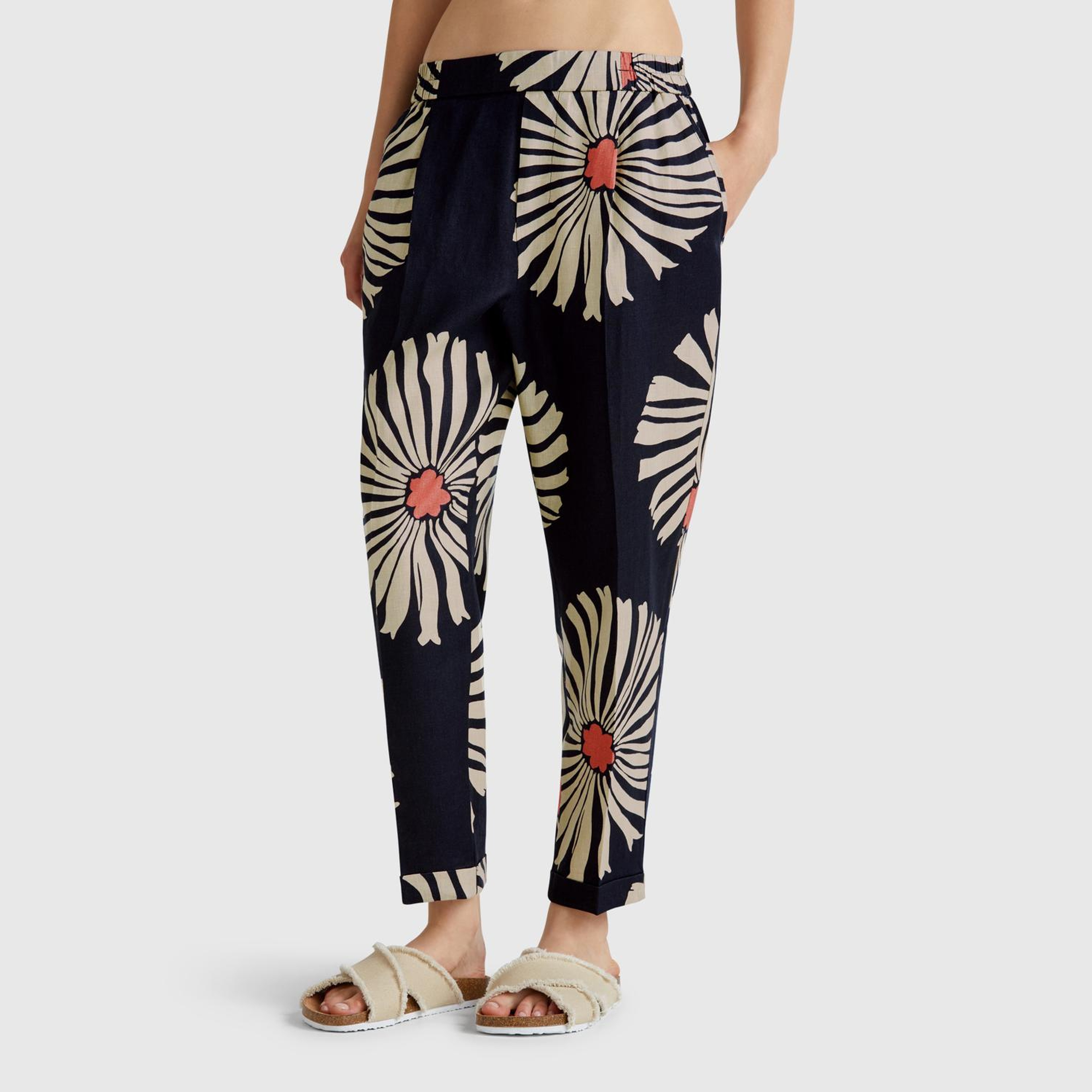 Kadın Lacivert %100 Keten Desenli Beli Lastikli Pantolon