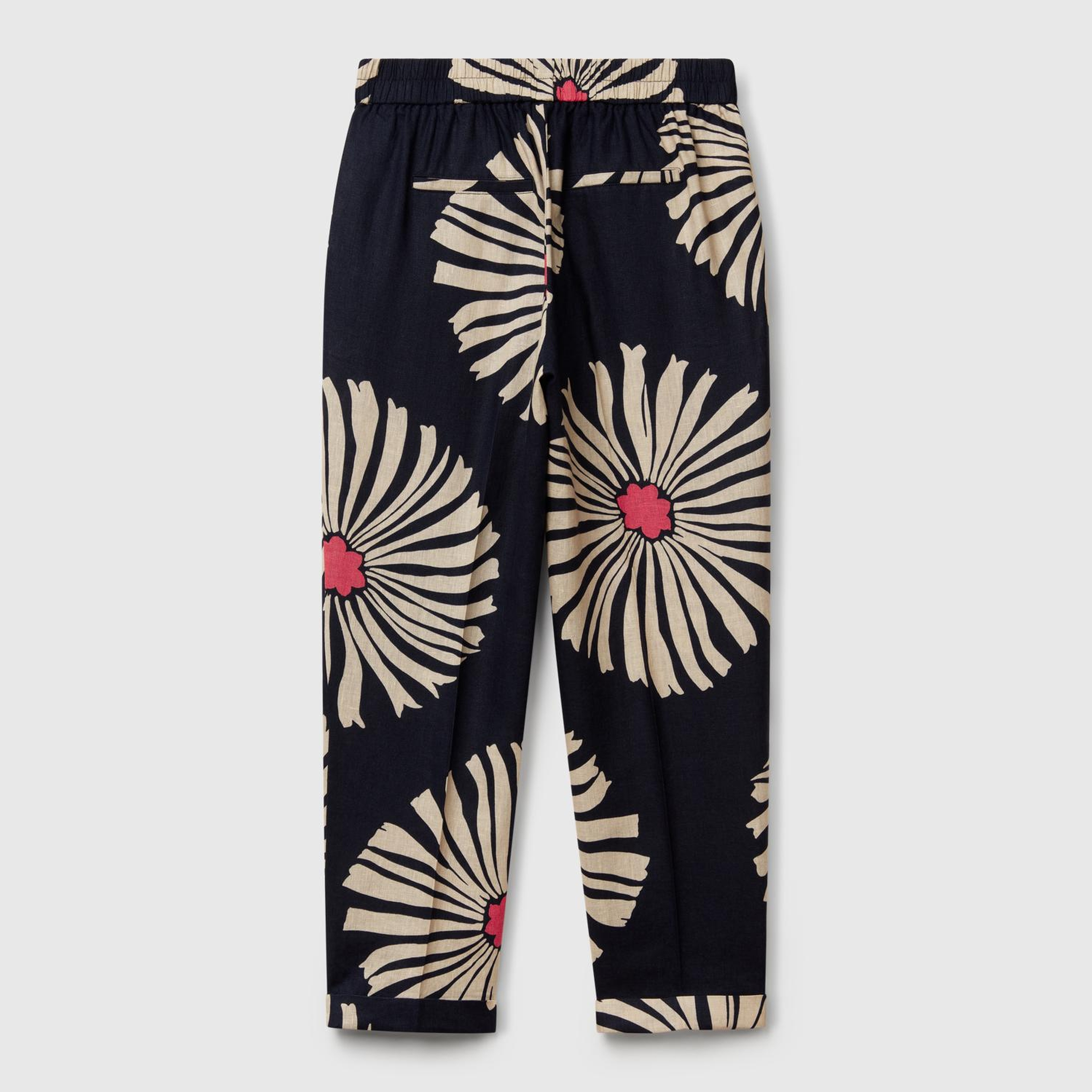 Kadın Lacivert %100 Keten Desenli Beli Lastikli Pantolon