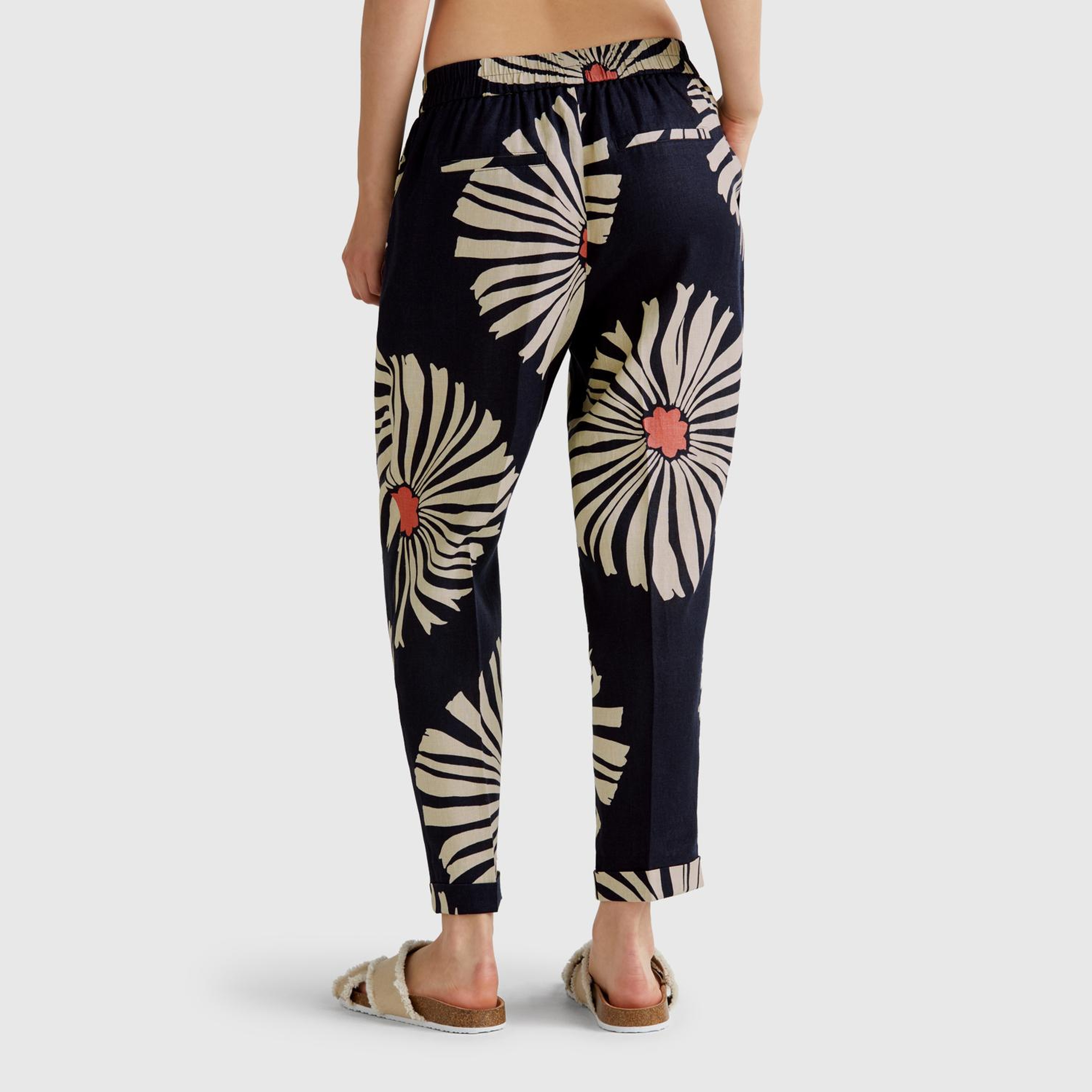 Kadın Lacivert %100 Keten Desenli Beli Lastikli Pantolon