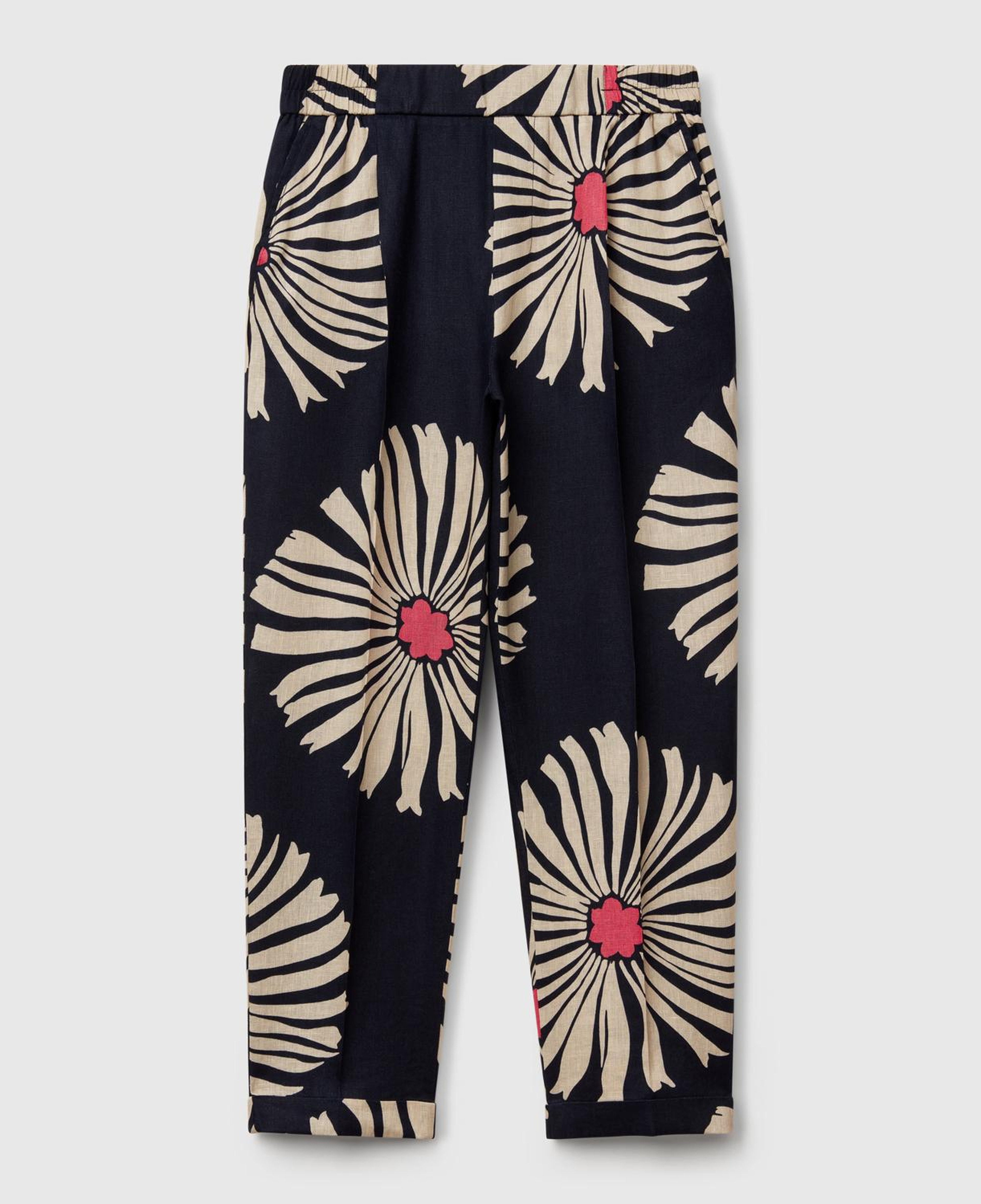 Kadın Lacivert %100 Keten Desenli Beli Lastikli Pantolon