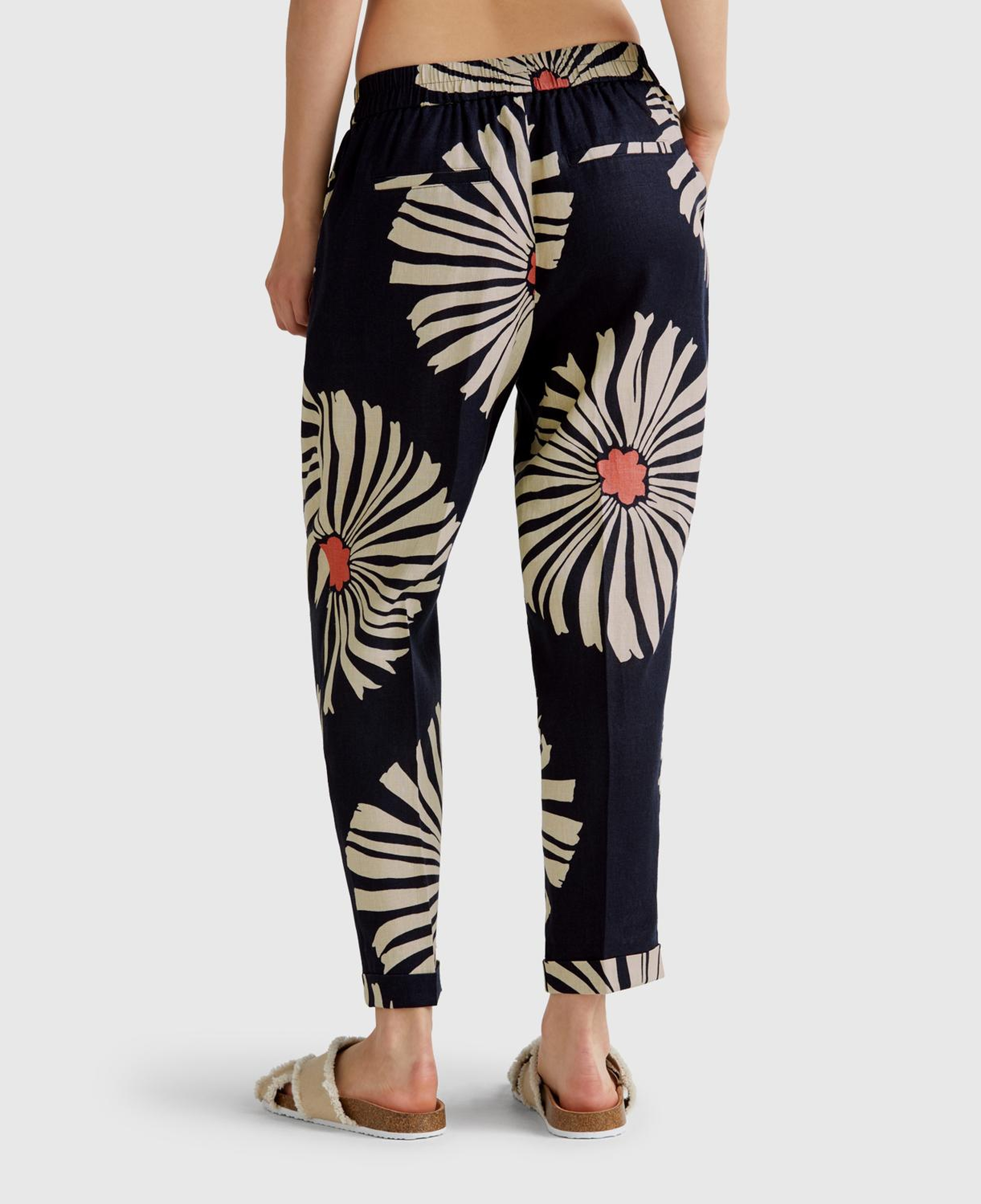 Kadın Lacivert %100 Keten Desenli Beli Lastikli Pantolon