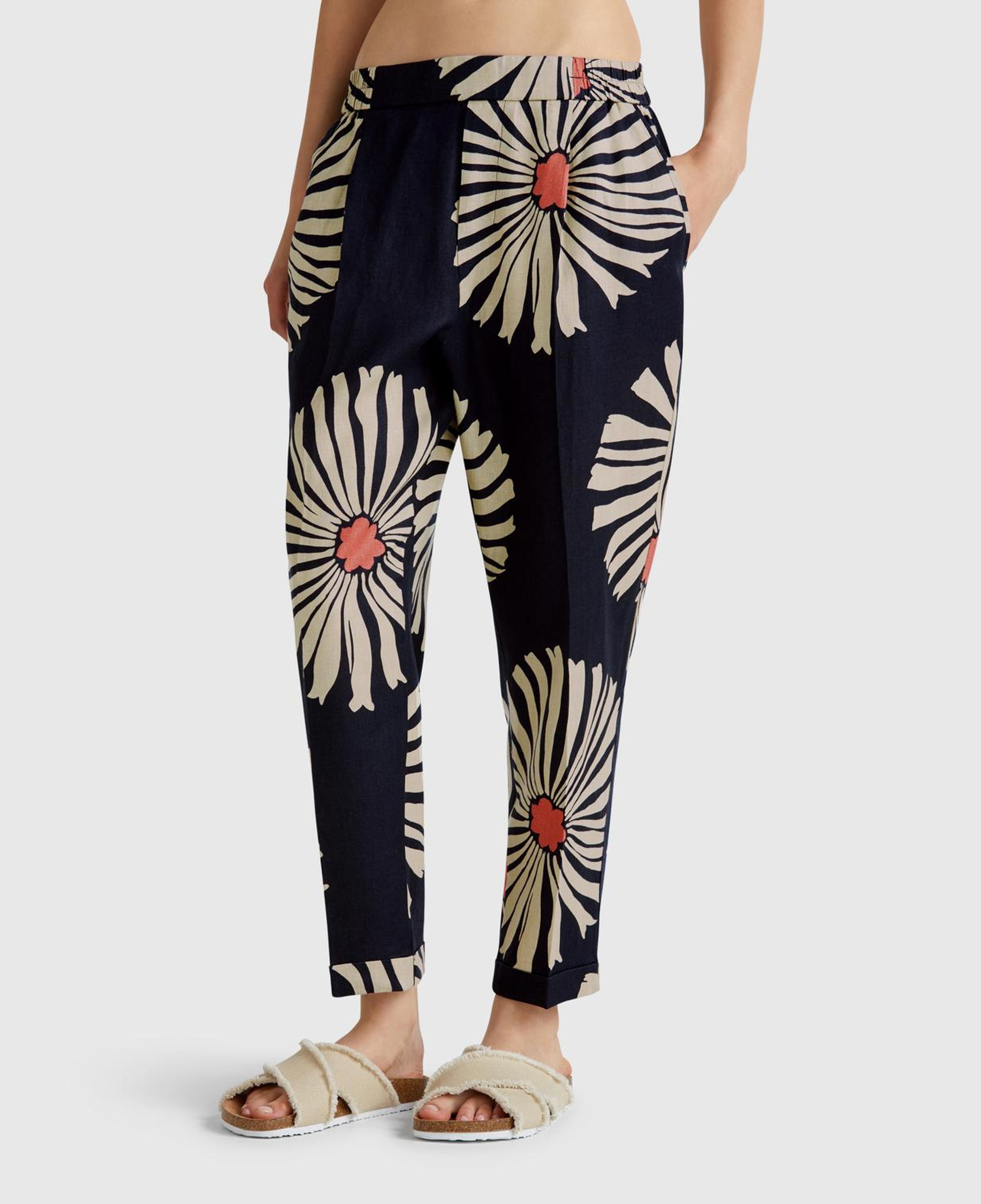 Kadın Lacivert %100 Keten Desenli Beli Lastikli Pantolon