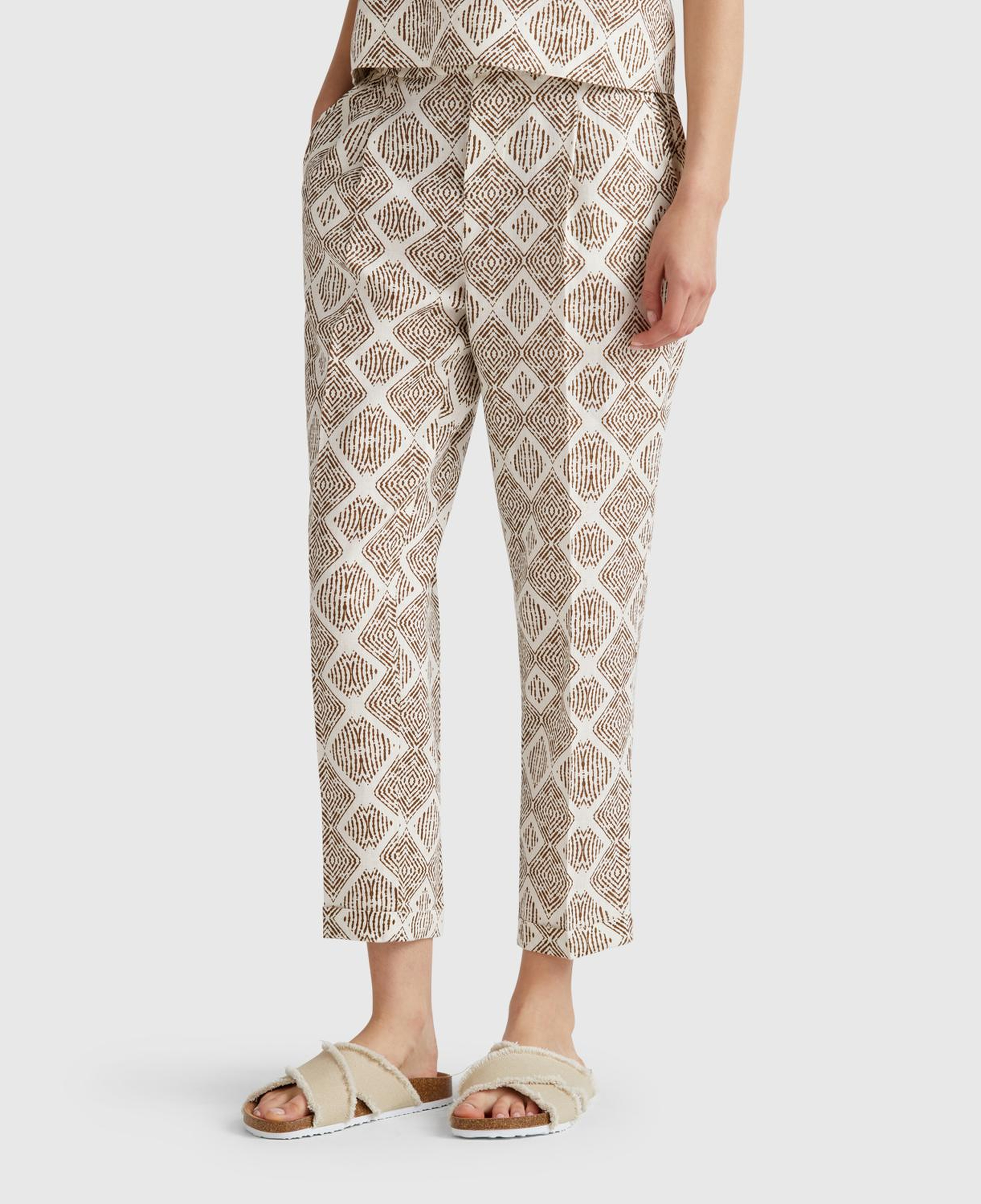 Kadın Beyaz Mix %100 Keten Desenli Beli Lastikli Pantolon