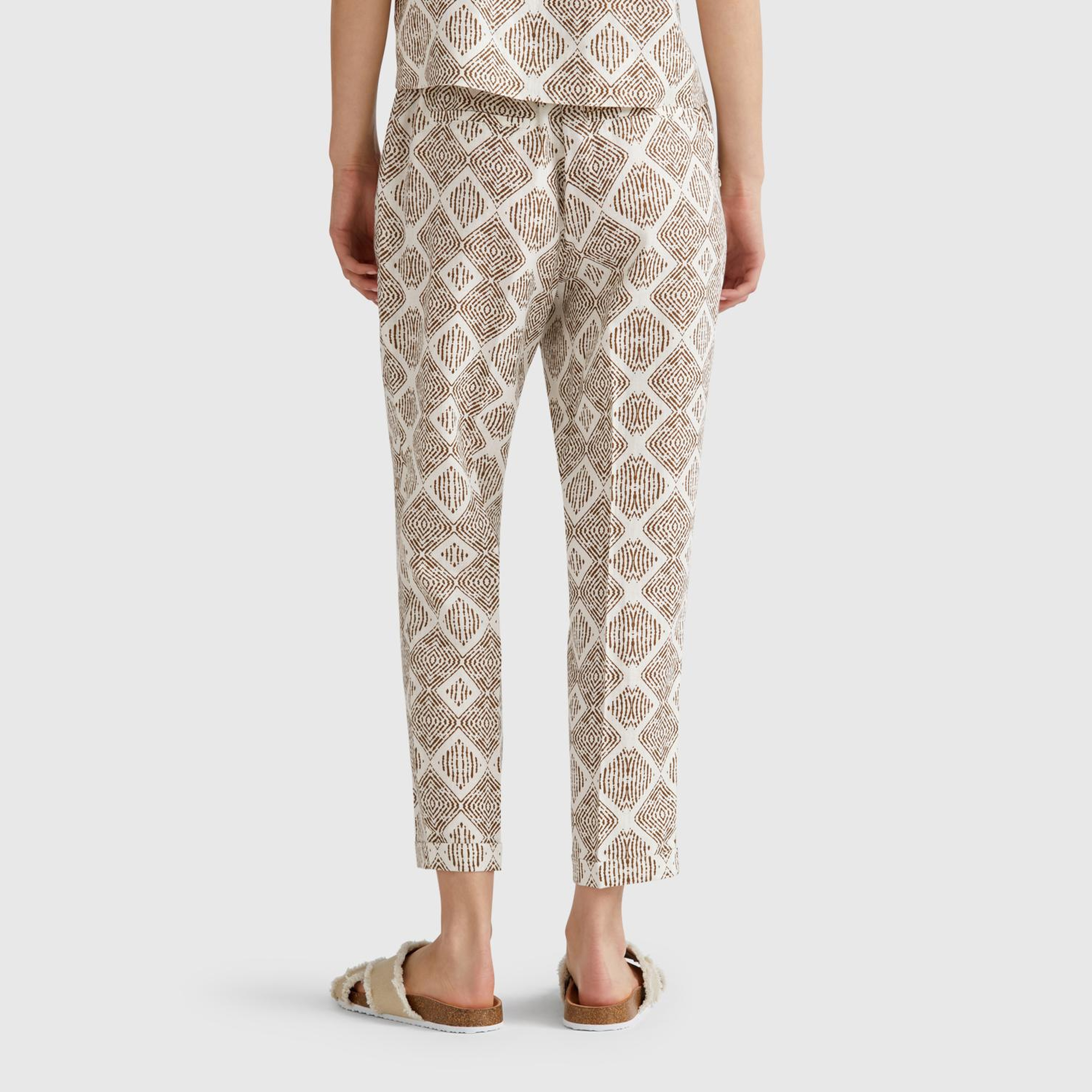 Kadın Beyaz Mix %100 Keten Desenli Beli Lastikli Pantolon