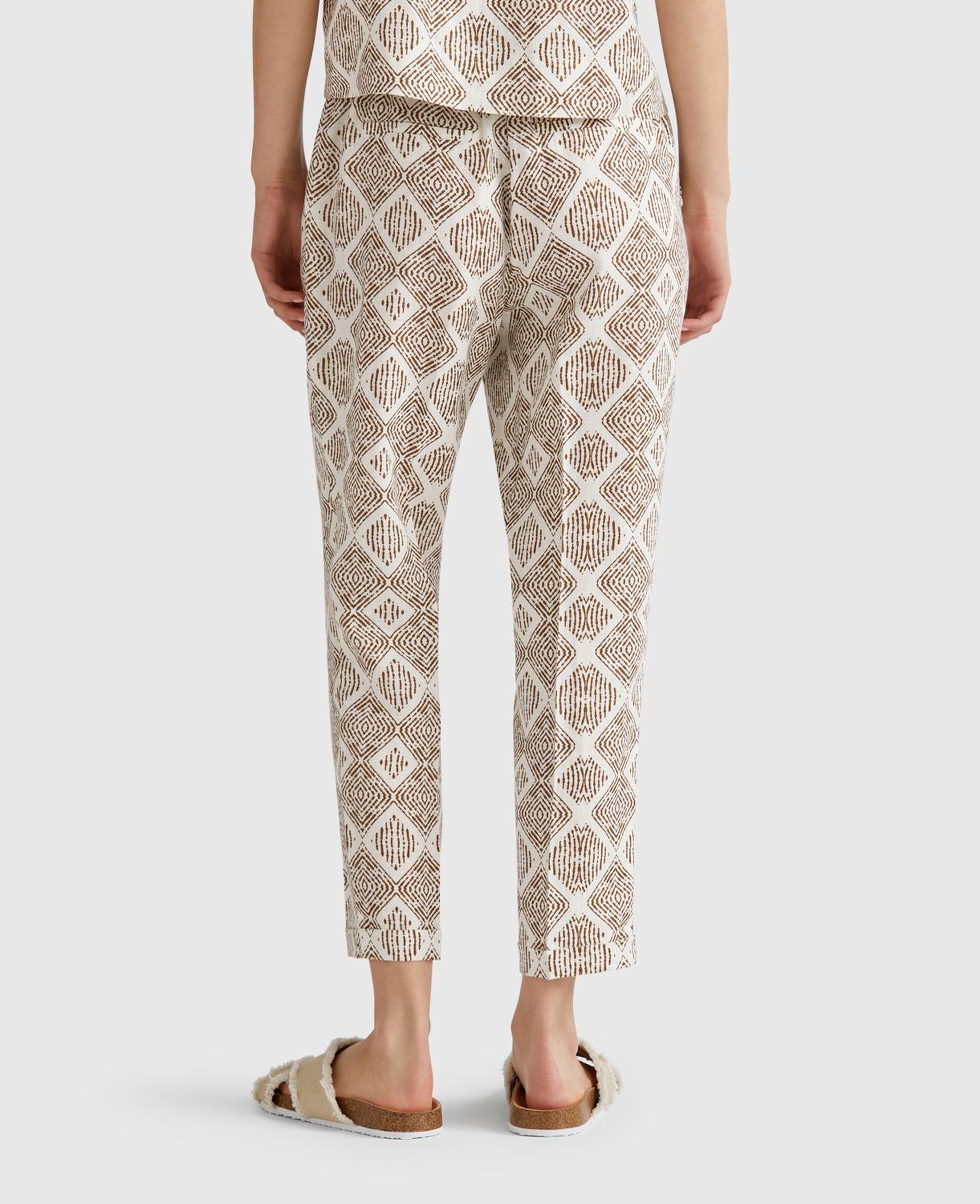 Kadın Beyaz Mix %100 Keten Desenli Beli Lastikli Pantolon