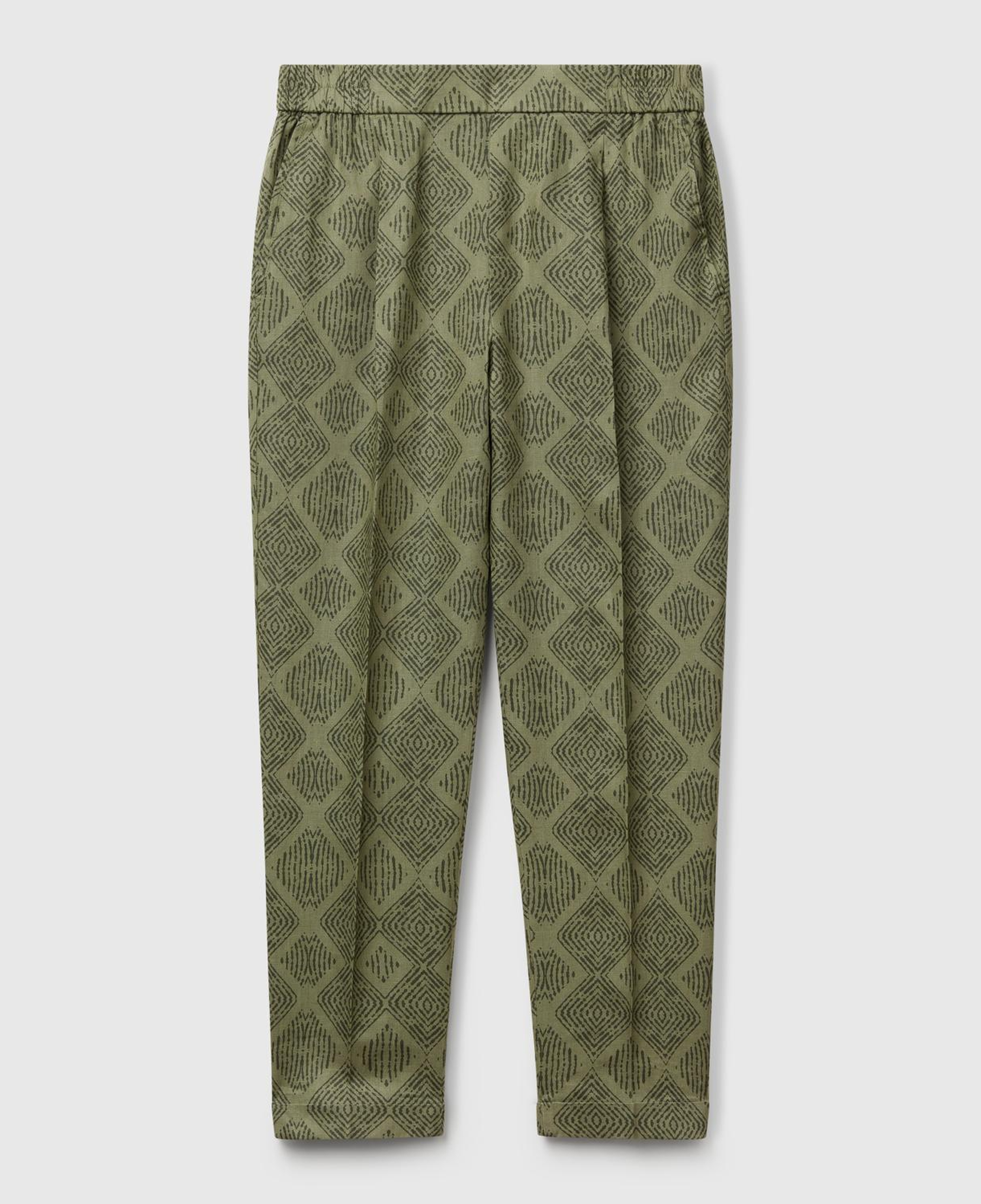 Kadın Haki %100 Keten Desenli Beli Lastikli Pantolon