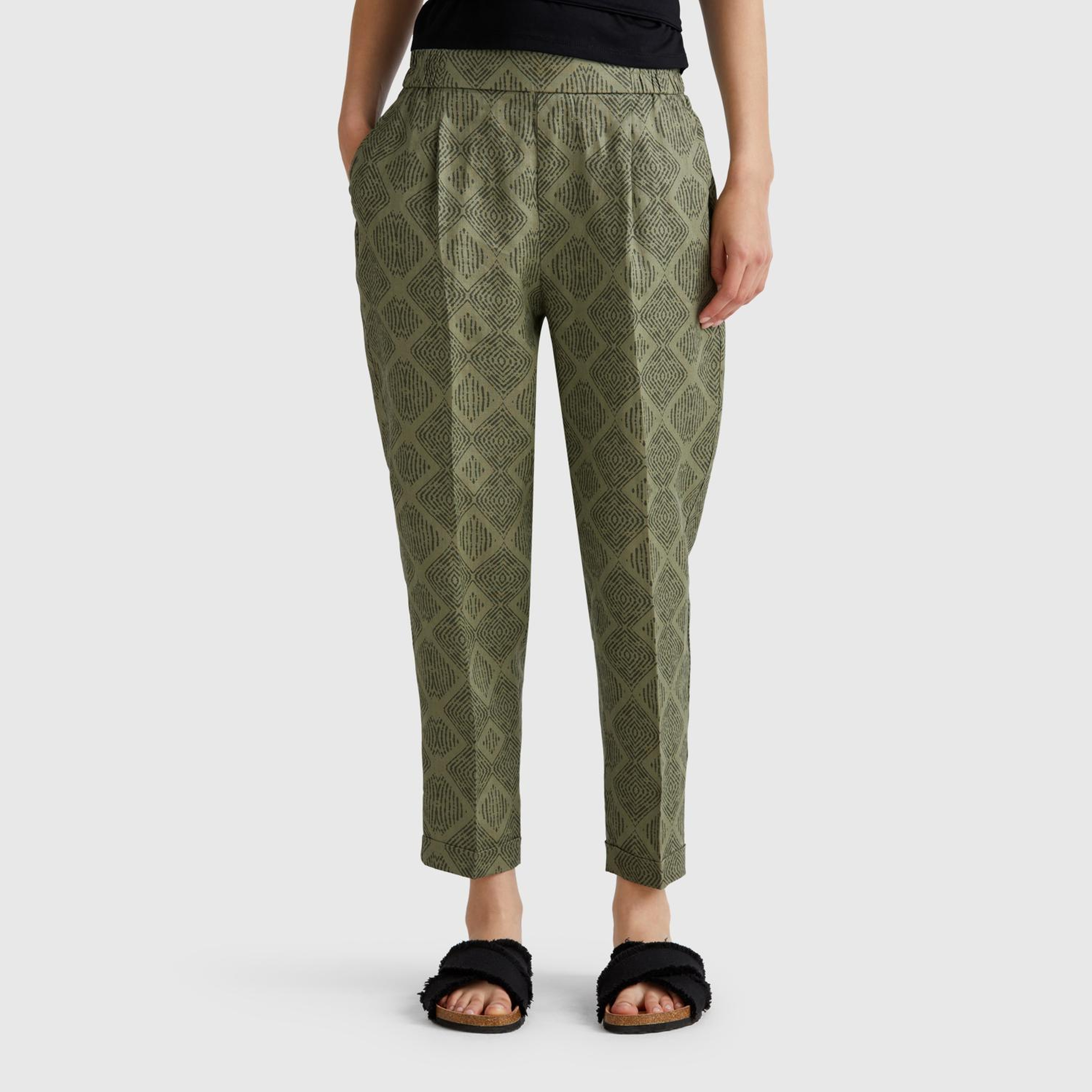 Kadın Haki %100 Keten Desenli Beli Lastikli Pantolon