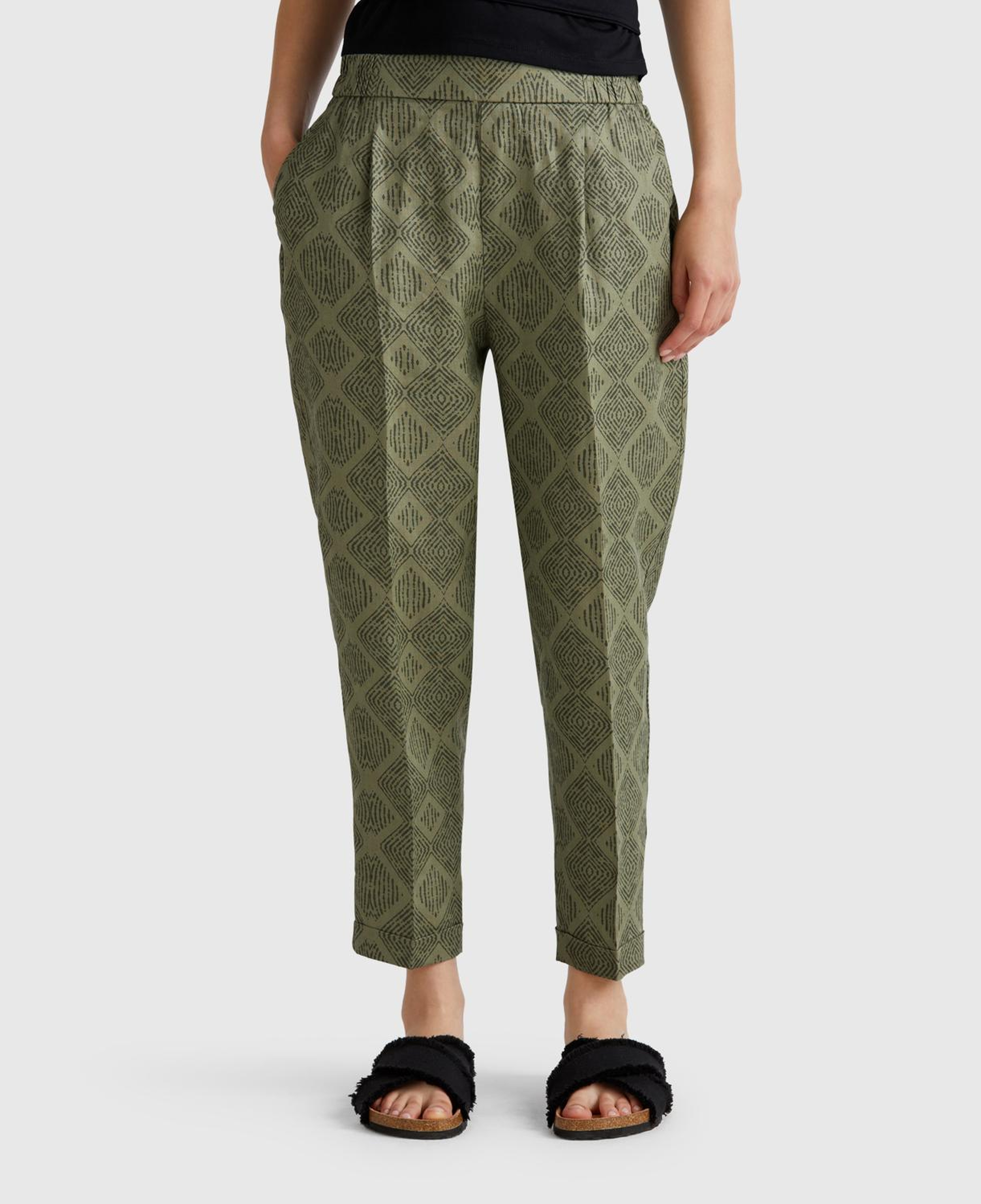 Kadın Haki %100 Keten Desenli Beli Lastikli Pantolon