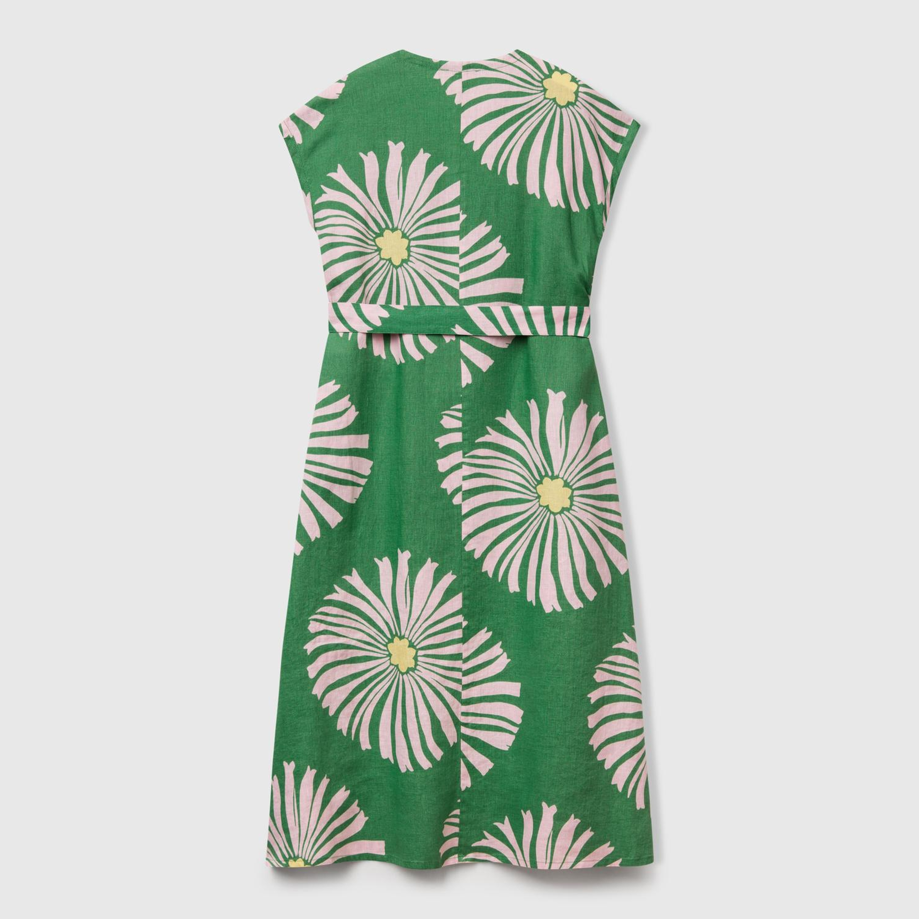 Kadın Yeşil %100 Keten Desenli V Yaka Cepli Uzun Elbise