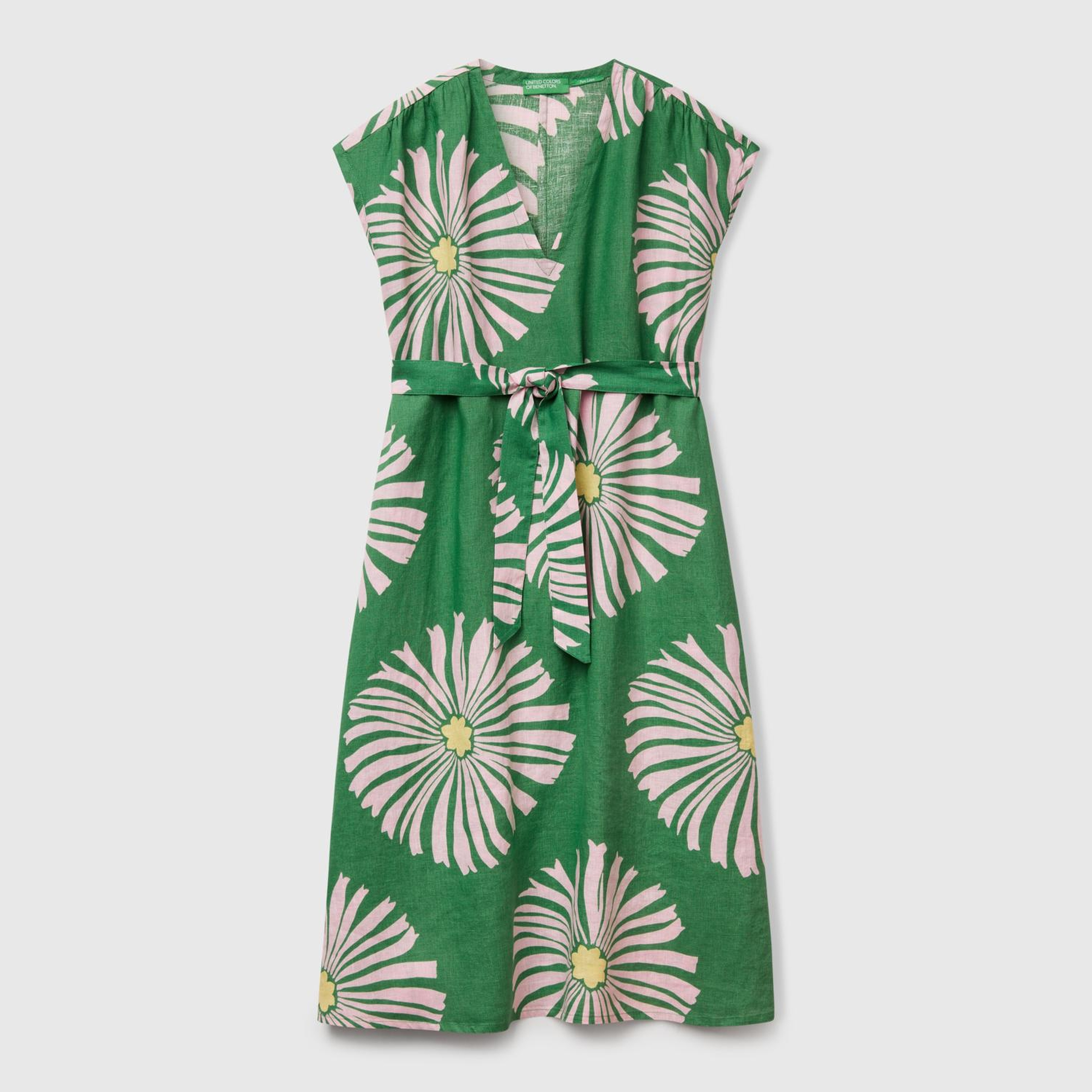 Kadın Yeşil %100 Keten Desenli V Yaka Cepli Uzun Elbise