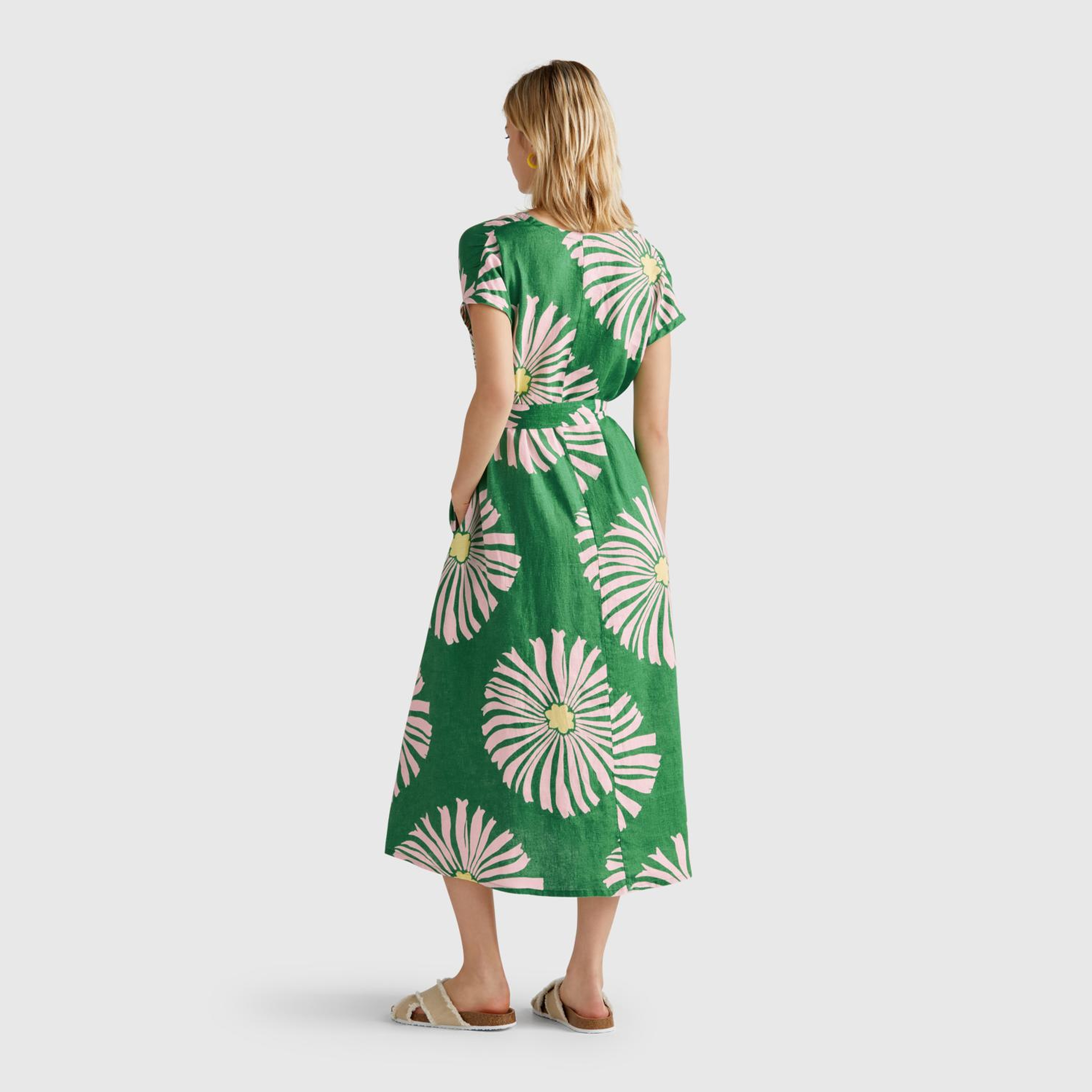 Kadın Yeşil %100 Keten Desenli V Yaka Cepli Uzun Elbise