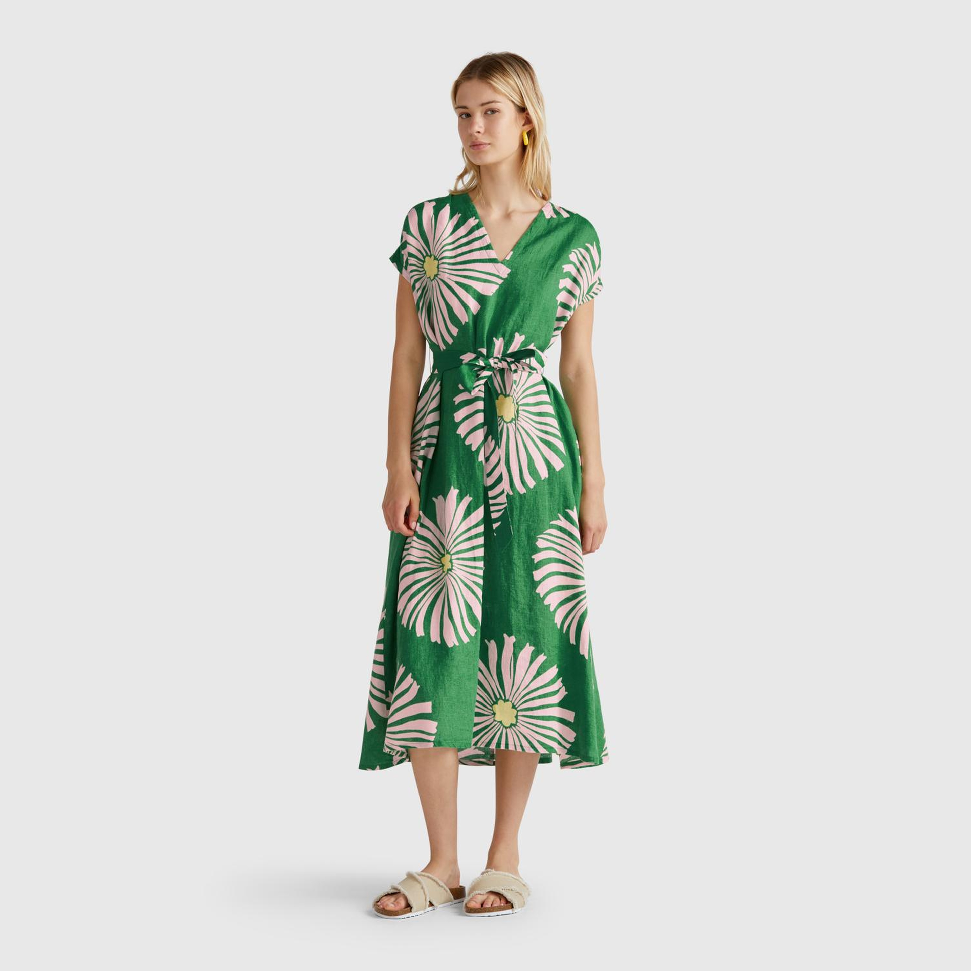 Kadın Yeşil %100 Keten Desenli V Yaka Cepli Uzun Elbise