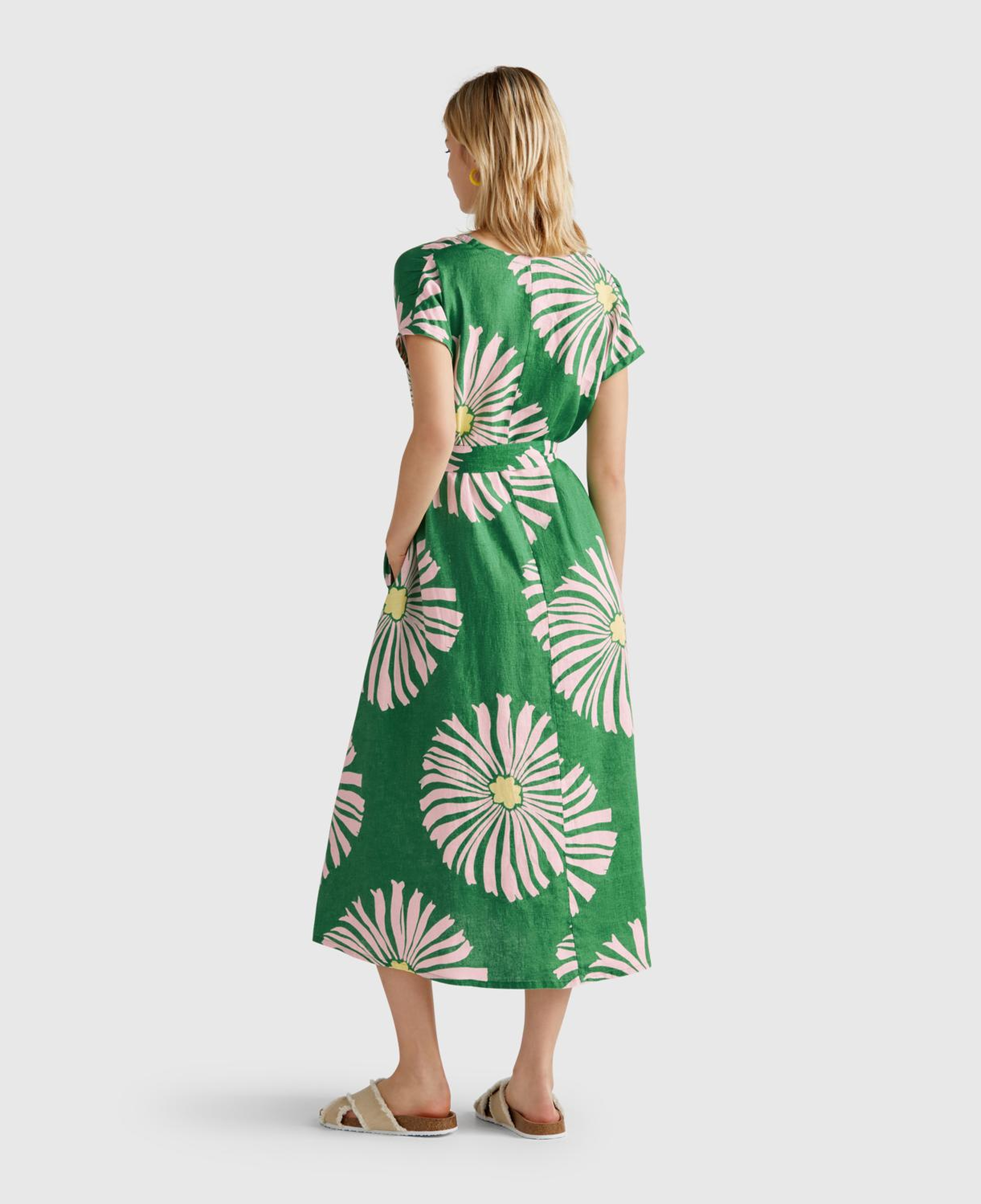 Kadın Yeşil %100 Keten Desenli V Yaka Cepli Uzun Elbise