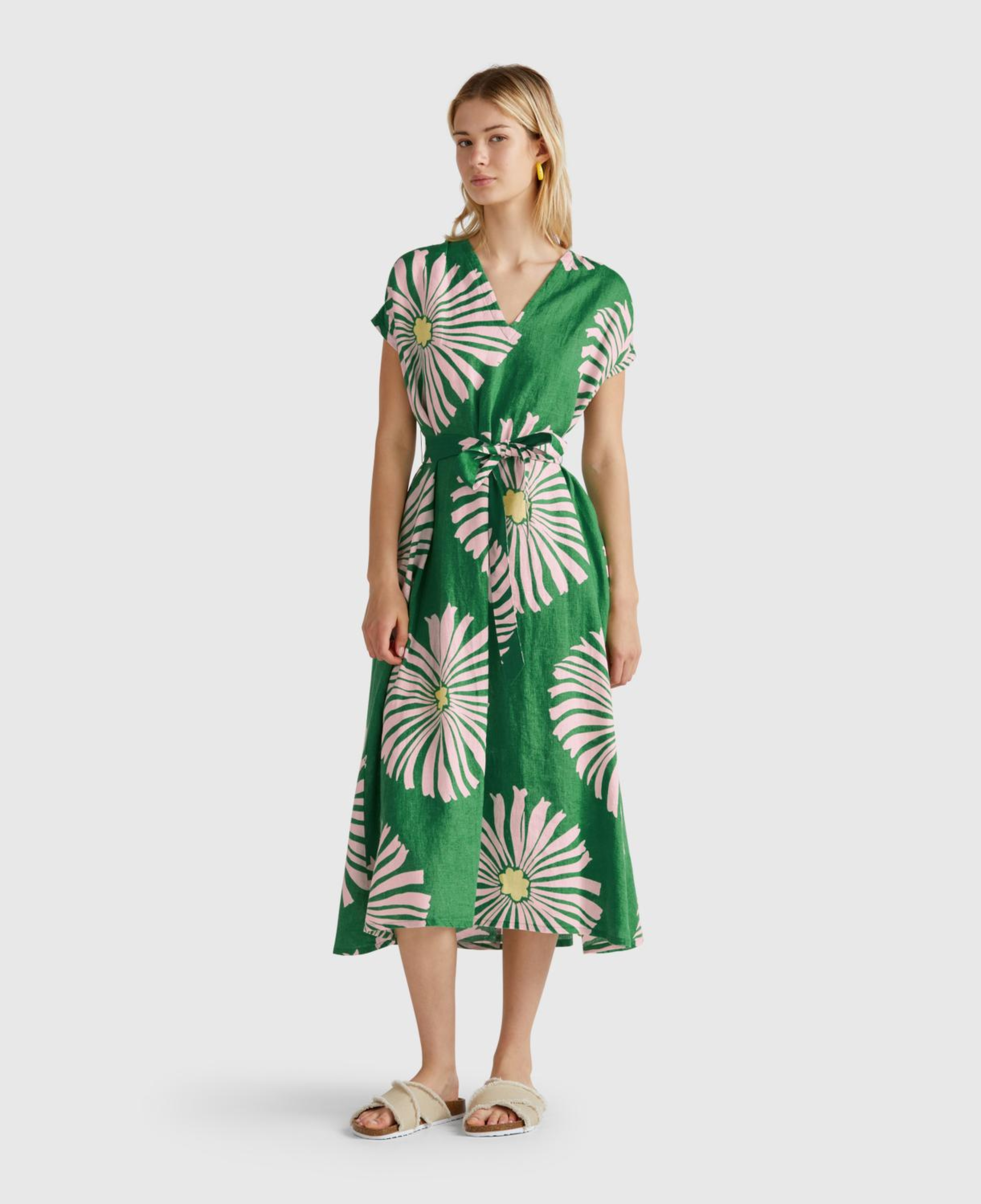 Kadın Yeşil %100 Keten Desenli V Yaka Cepli Uzun Elbise