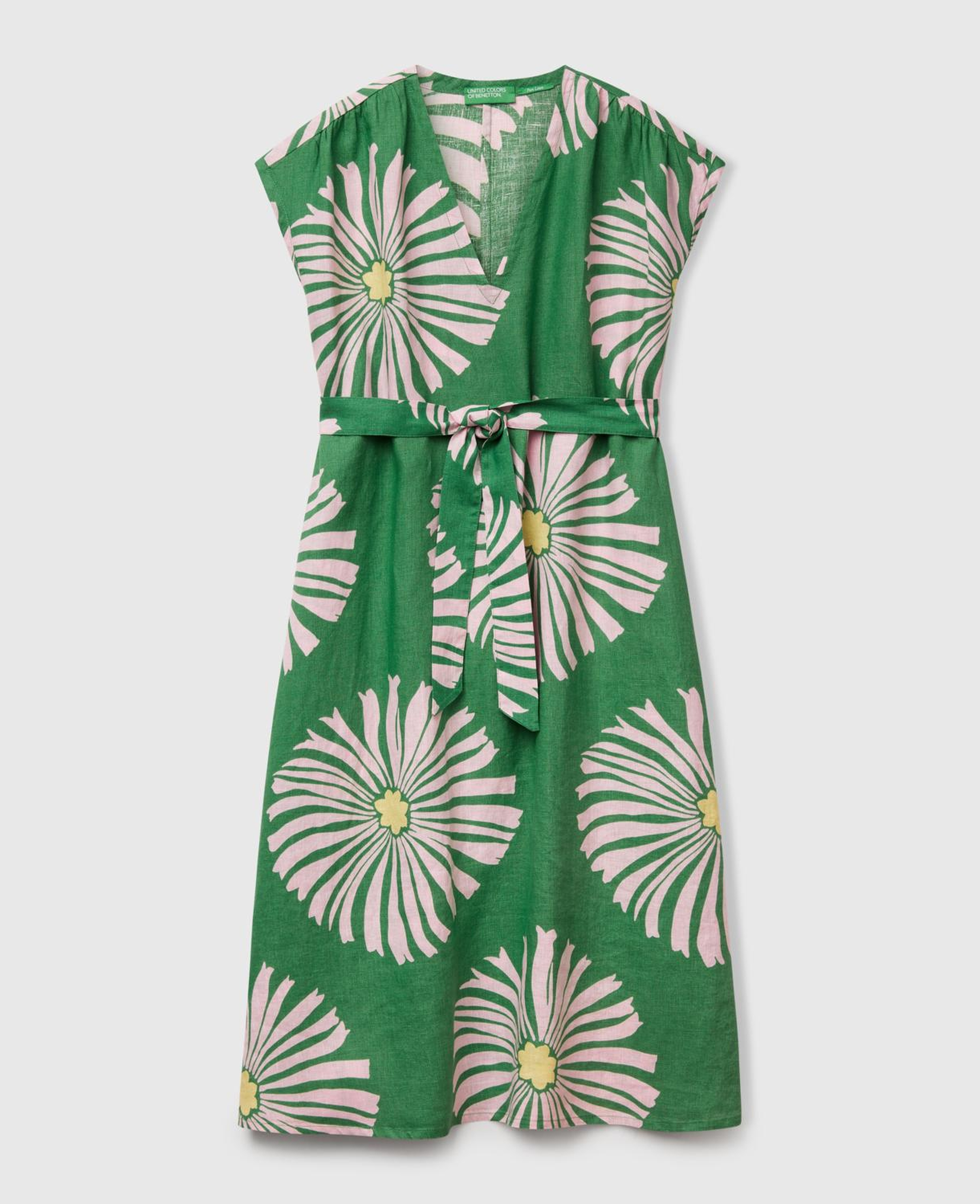 Kadın Yeşil %100 Keten Desenli V Yaka Cepli Uzun Elbise