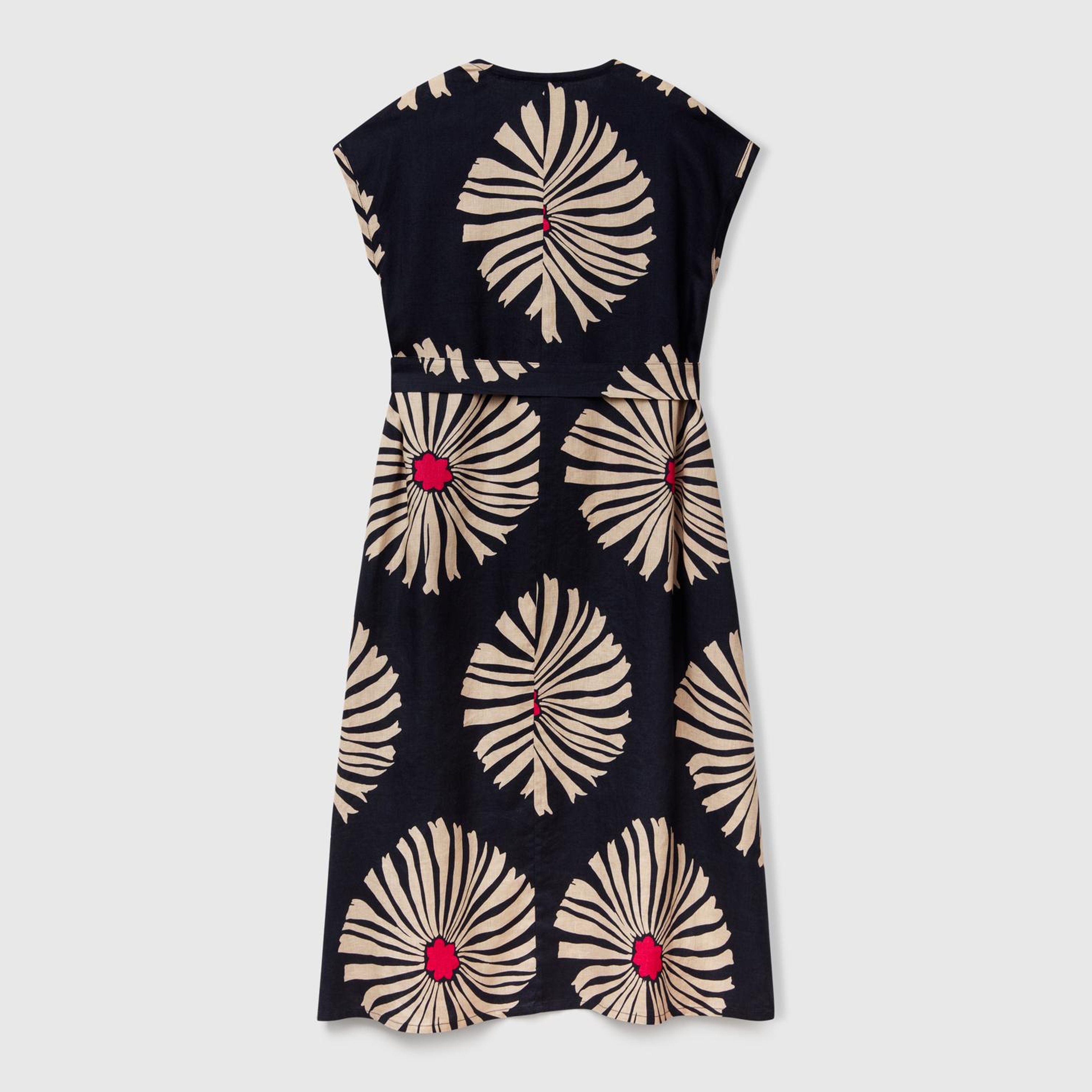 Kadın Lacivert %100 Keten Desenli V Yaka Cepli Uzun Elbise